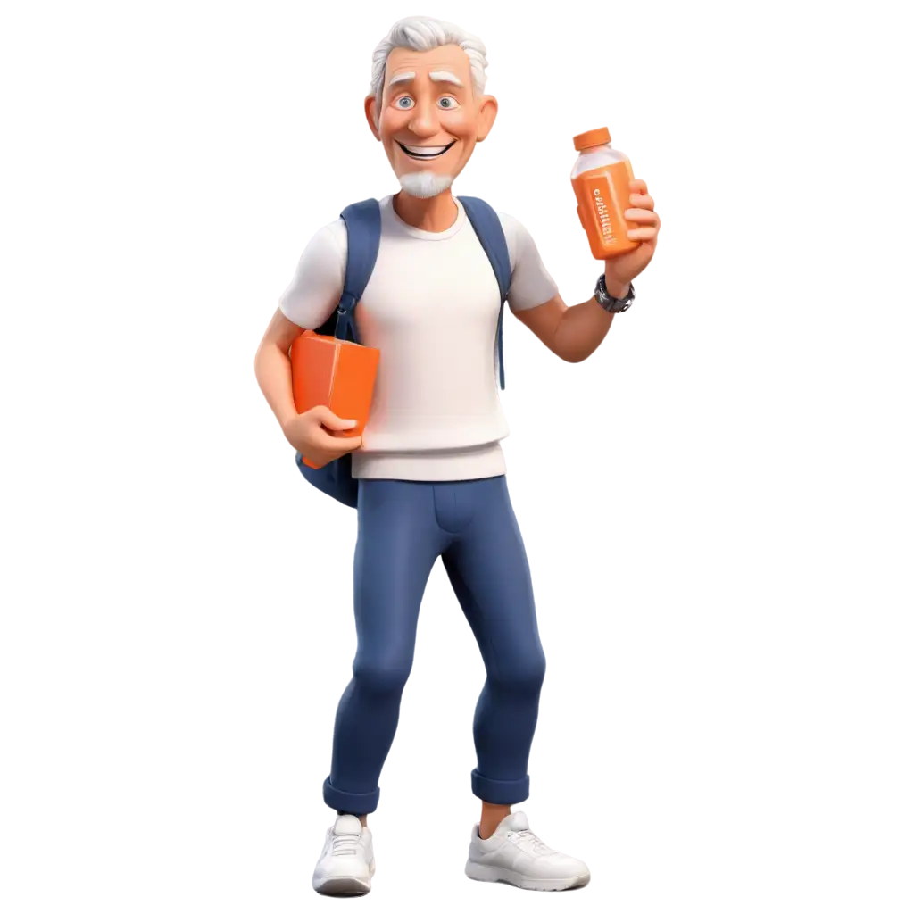A 3D cartoon-style illustration of an elderly man, around 80–90 years old, holding a B-complex supplement bottle in one hand and a capsule in the other. He has a cheerful and energetic expression, standing with a slight smile and upright posture. He is bald on top with short white hair on the sides. His body looks healthy and slightly muscular, wearing a comfortable t-shirt and pants. The supplement bottle is clearly labeled 'B-Complex'. The style is vibrant and cartoonish, with smooth 3D textures, soft lighting, and a warm, uplifting feel. Transparent background, PNG format.