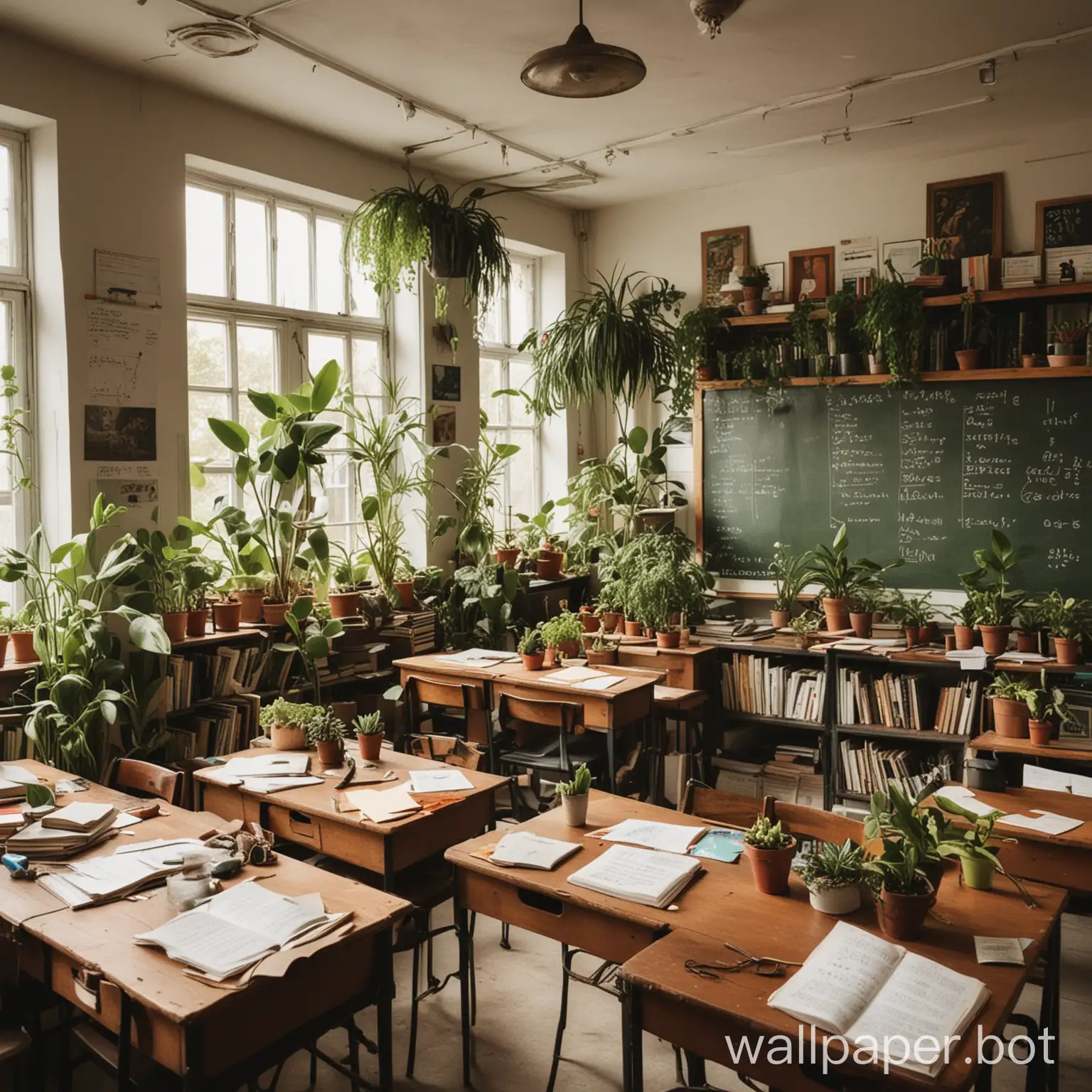 a classroom with plants, books and calculations