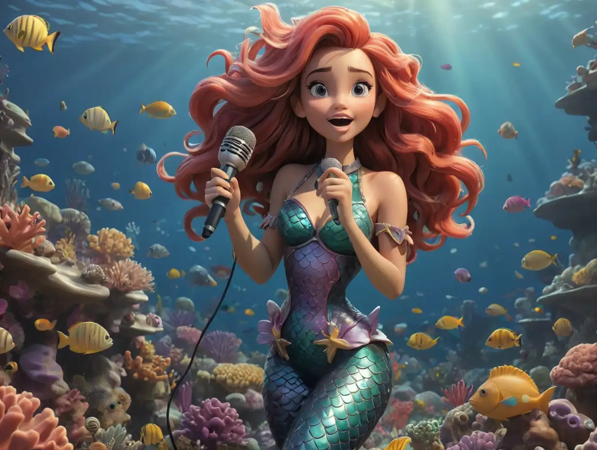 a mermaid holding a microphone in her hand, surrounded by colorful coral and many fish in the sea, 3d disney inspire