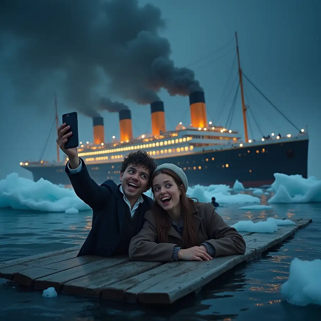 An imaginative and humorous reimagining of the Titanic disaster, featuring two characters floating on a wooden plank in the icy ocean, taking a modern selfie with exaggerated, playful expressions. The massive Titanic is sinking in the background, illuminated by warm lights against a dark, icy blue sky. Icebergs surround the scene, with faint figures in the water, adding depth. The characters are styled with historically inspired clothing but adapted with a modern twist, such as a smartphone for the selfie. The lighting highlights the characters' expressions and the drama of the sinking ship, blending humor and cinematic detail.