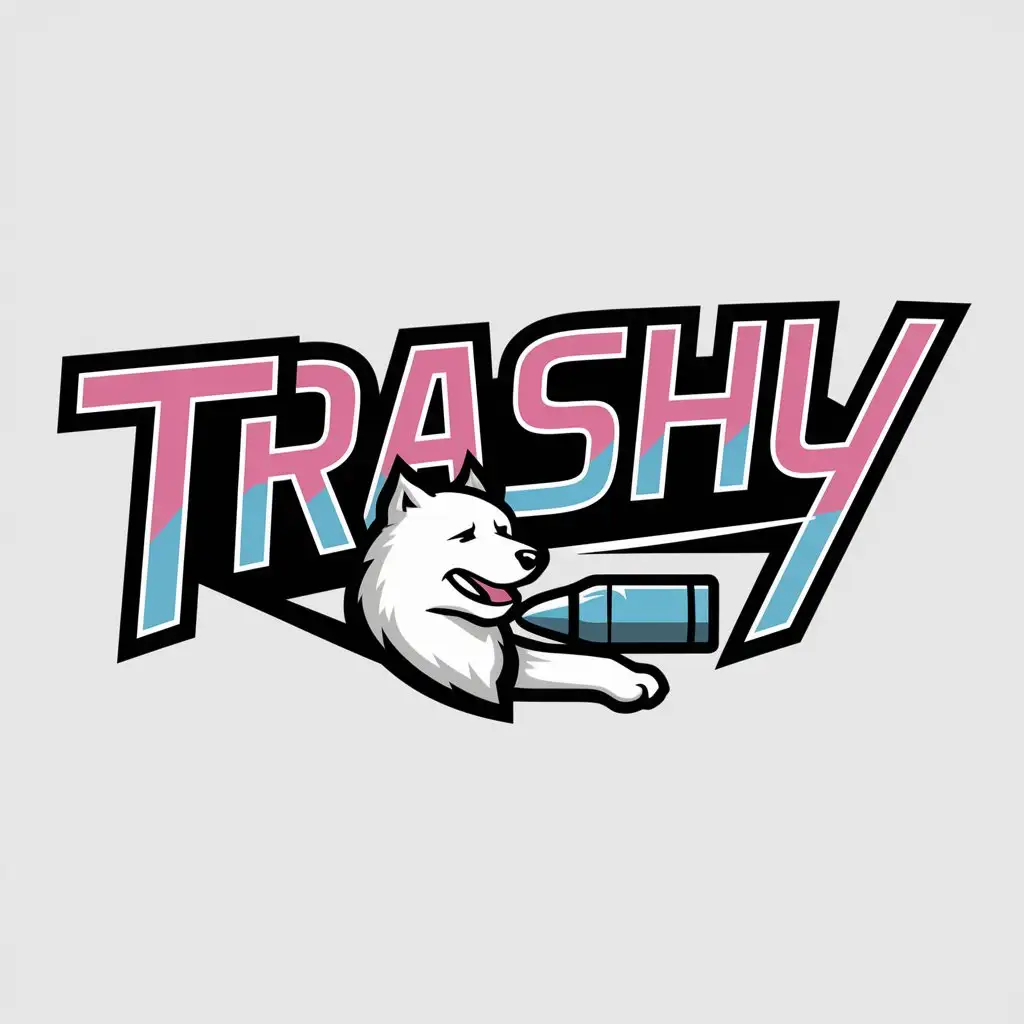 LOGO-Design-for-Trashy-White-Samoyed-Dog-with-Gradient-Pink-and-Blue-Text-for-Electronic-Esports-Industry