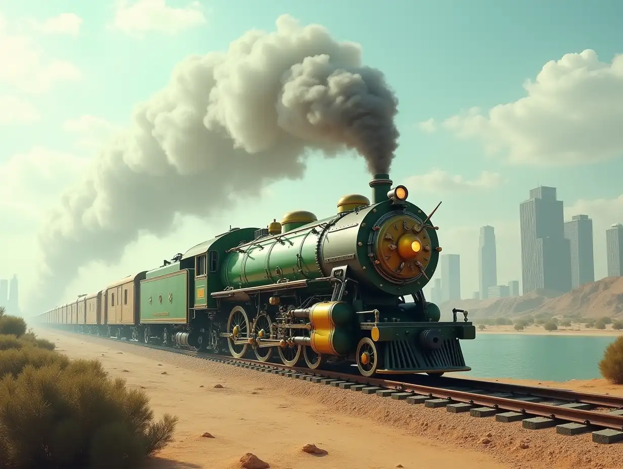 Create a high-resolution realistic image in 4k resolution: a futuristic green and gold locomotive with silver on tracks and smoke rising in the desert with bushes on the sides, a lake with futureistic high buildings in a cloudy sky