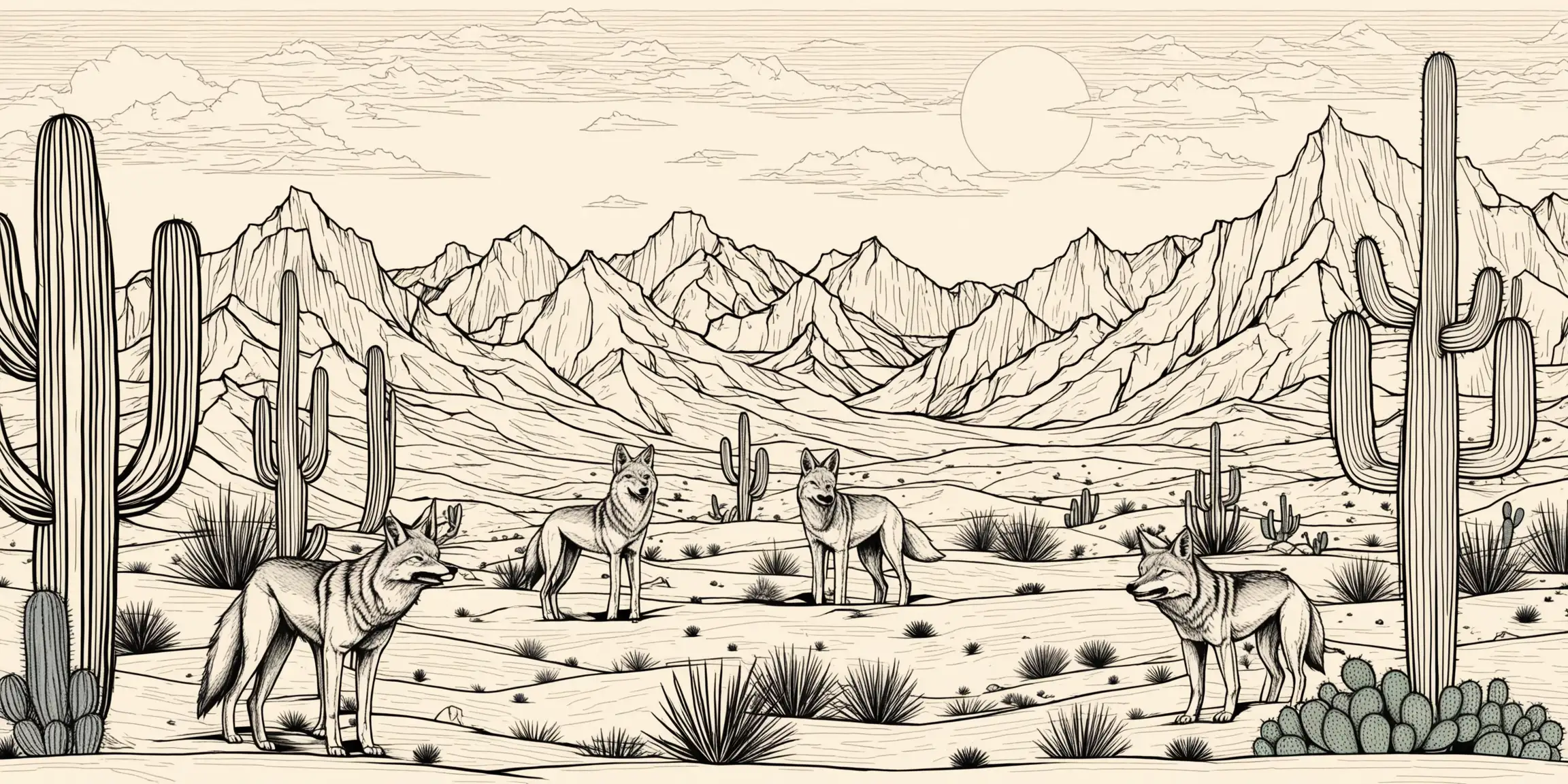 Desert Scene with Howling Coyotes Mountains and Cacti