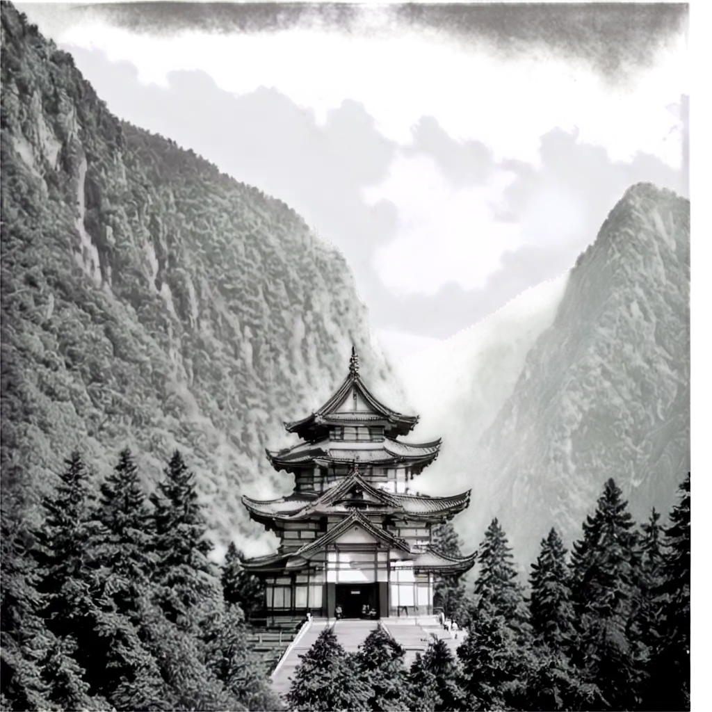 HighQuality-PNG-Image-Black-and-White-Negative-Temple-Surrounded-by-Mountains-and-Forests