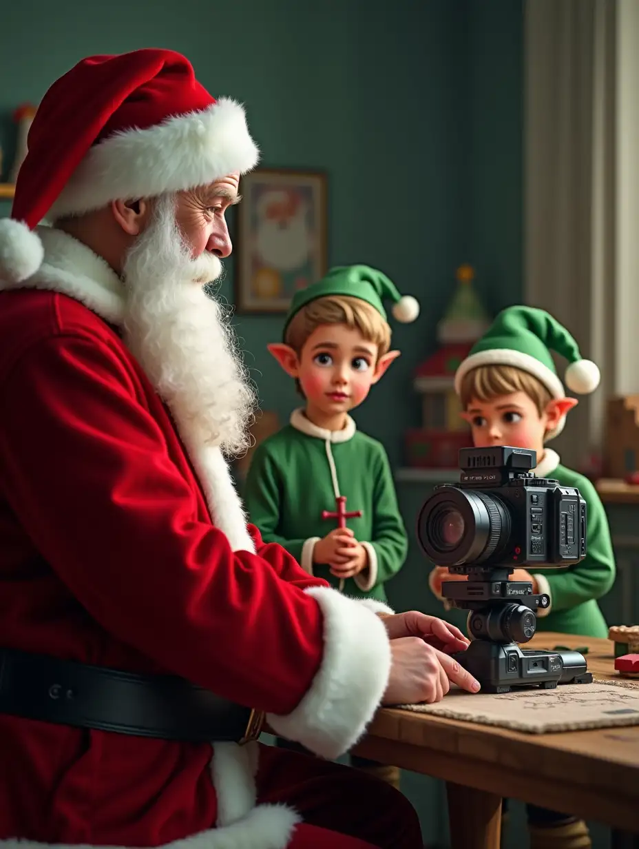 Santa Claus recording with a modern video camera his assistants while they build toys for the children. Santa Claus is wearing red with his classic suit and the assistants are wearing green, with pointed ears and younger. realistic style