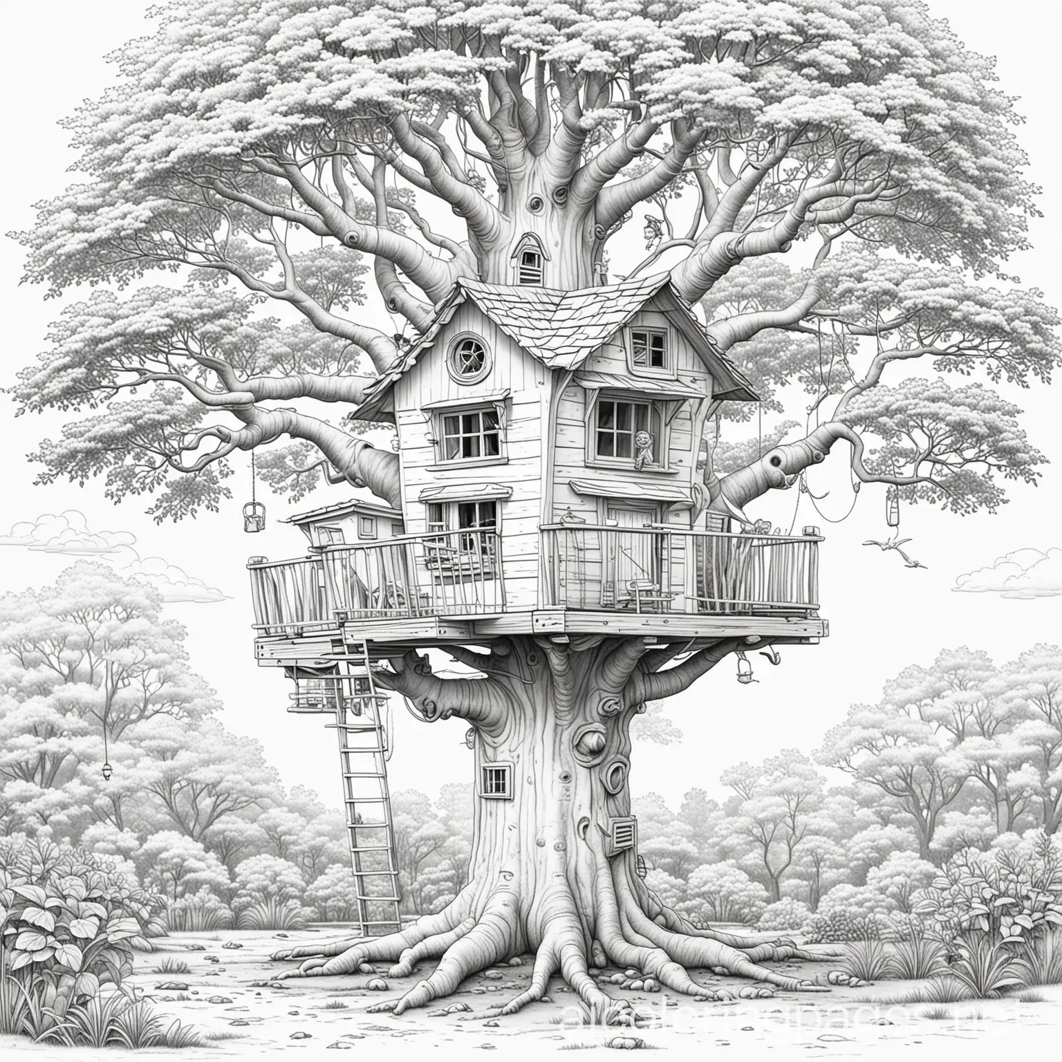 treehouse, Coloring Page, black and white, line art, white background, Simplicity, Ample White Space. The background of the coloring page is plain white to make it easy for young children to color within the lines. The outlines of all the subjects are easy to distinguish, making it simple for kids to color without too much difficulty