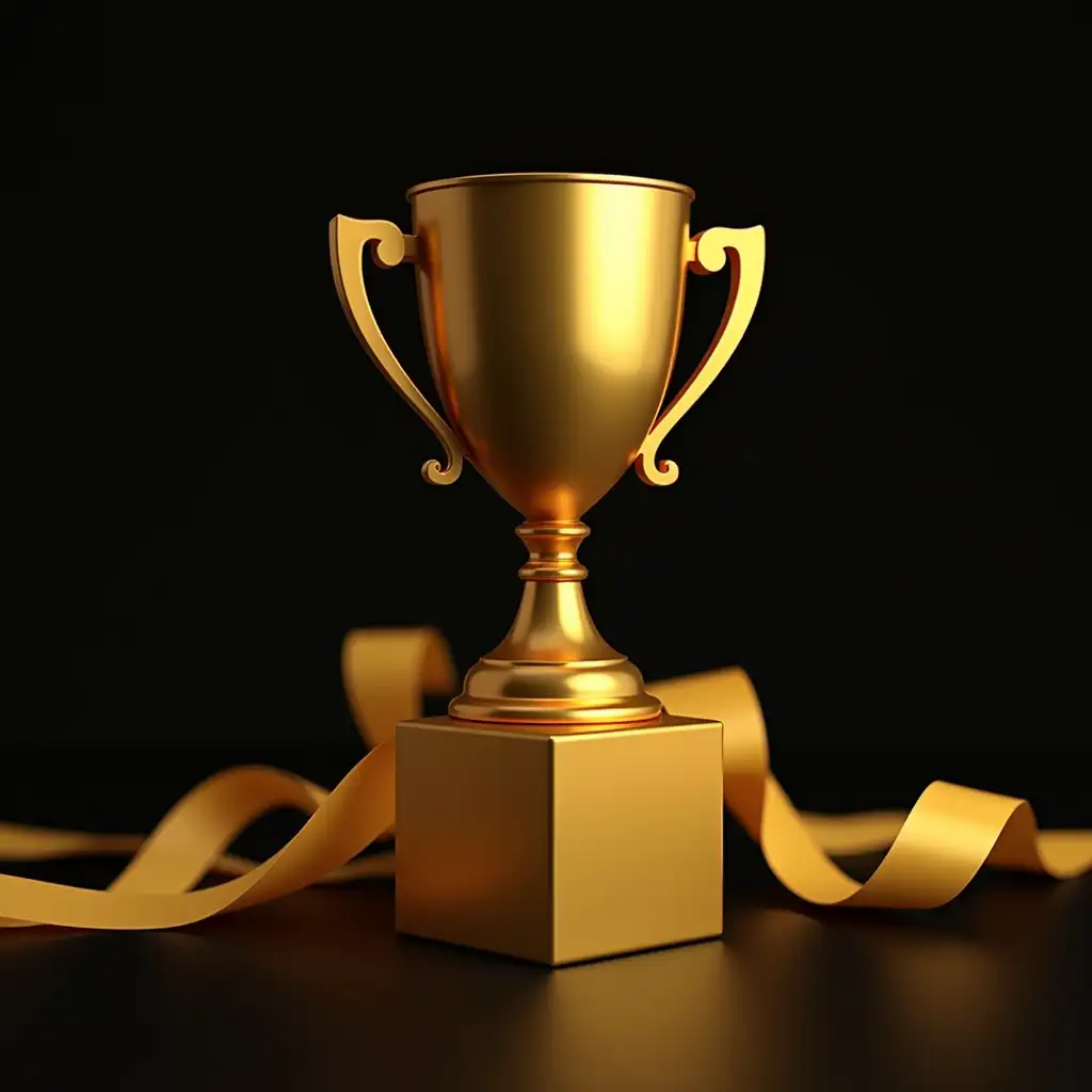 golden sports cup in the form of cubes, with clear even edges, on a dark background, with golden ribbons in the background