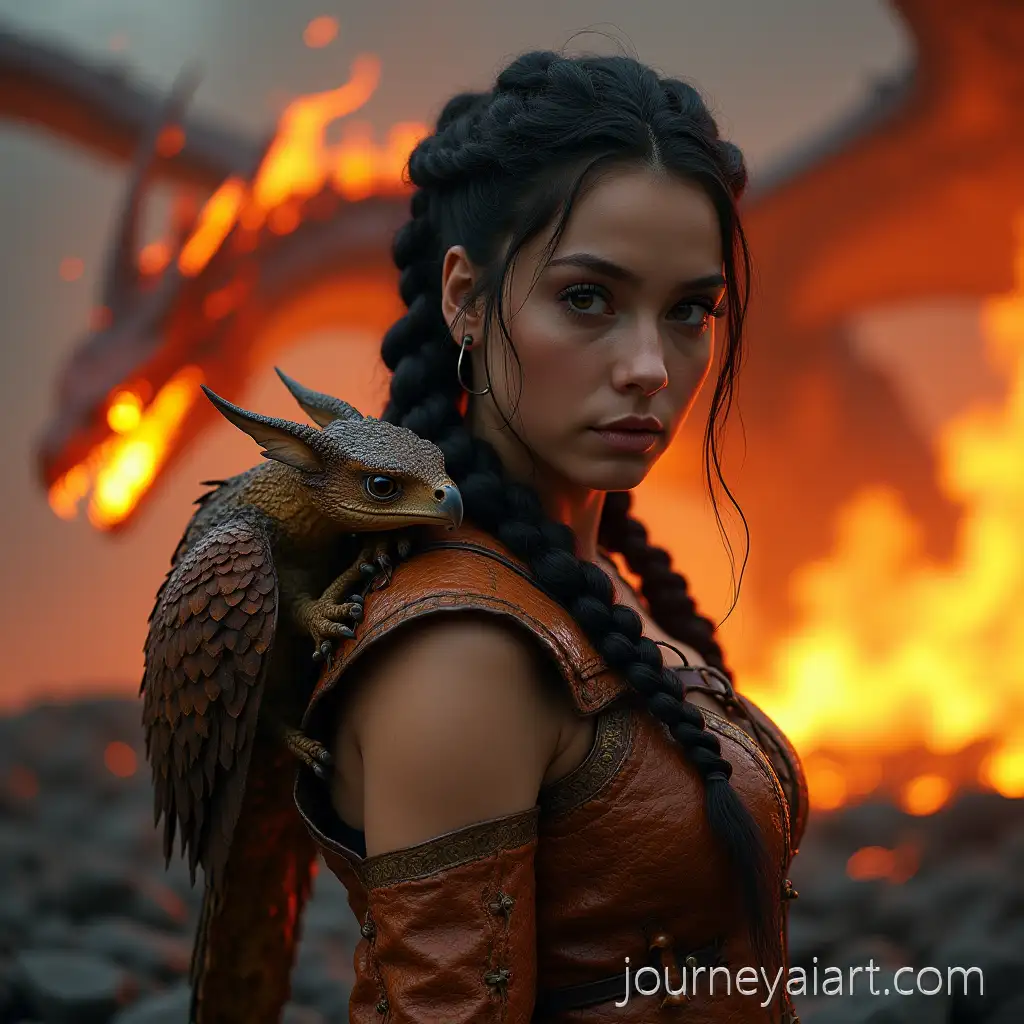 Cinematic-Portrait-of-a-Female-Dragon-Warrior-with-Baby-Fire-Dragon