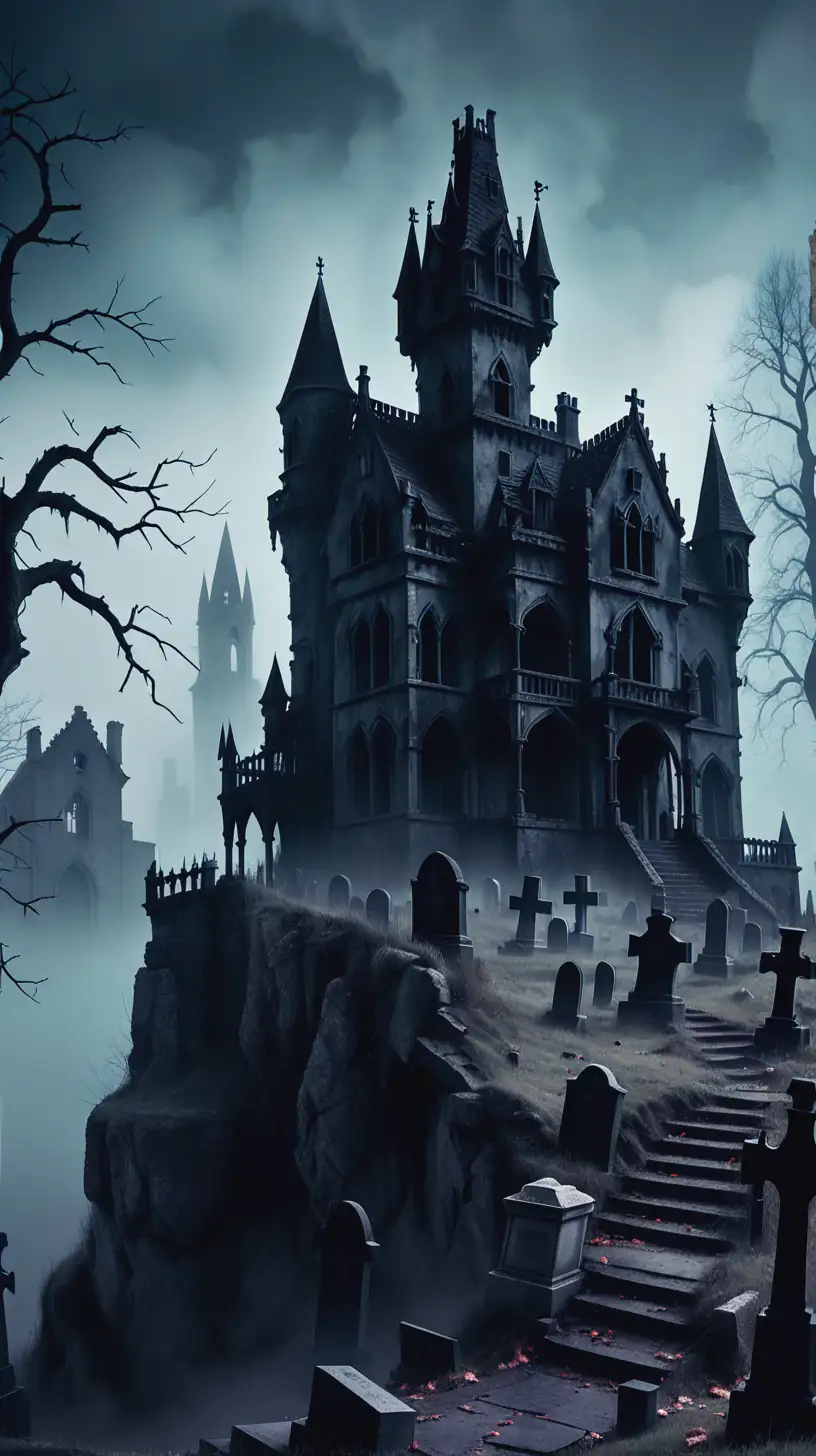 Gothic Castle Overlooking Creepy Cemetery