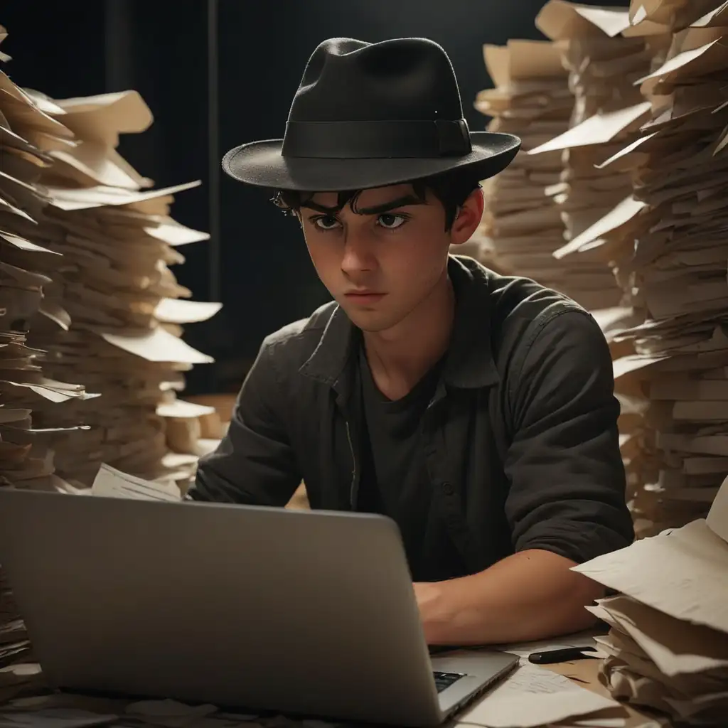 A young man with a body that is not too big and wears a black hat works seriously in front of a laptop with a dim dark light and lots of piles of paper