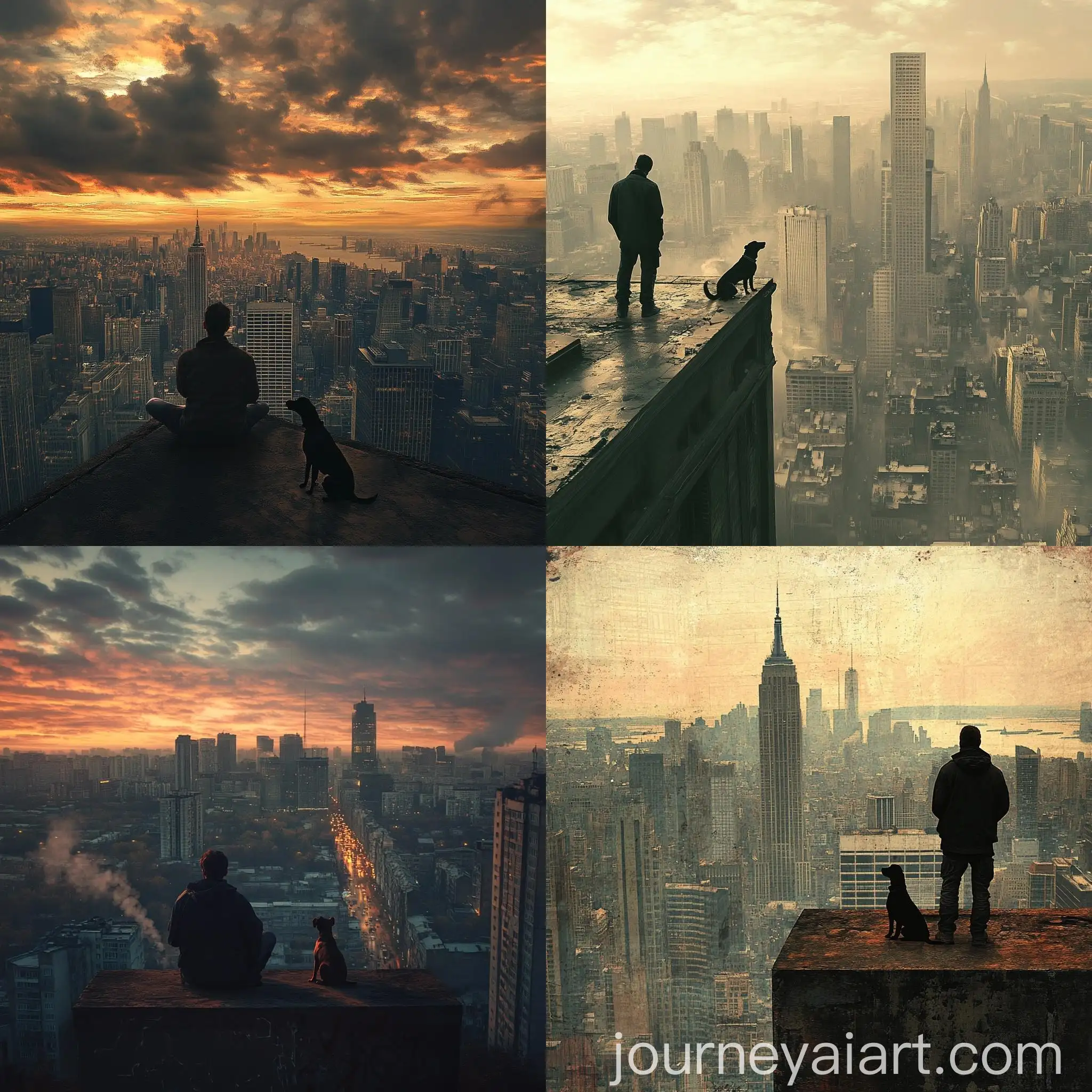 Lonely-Man-Contemplating-with-Dog-atop-Urban-Skyscraper