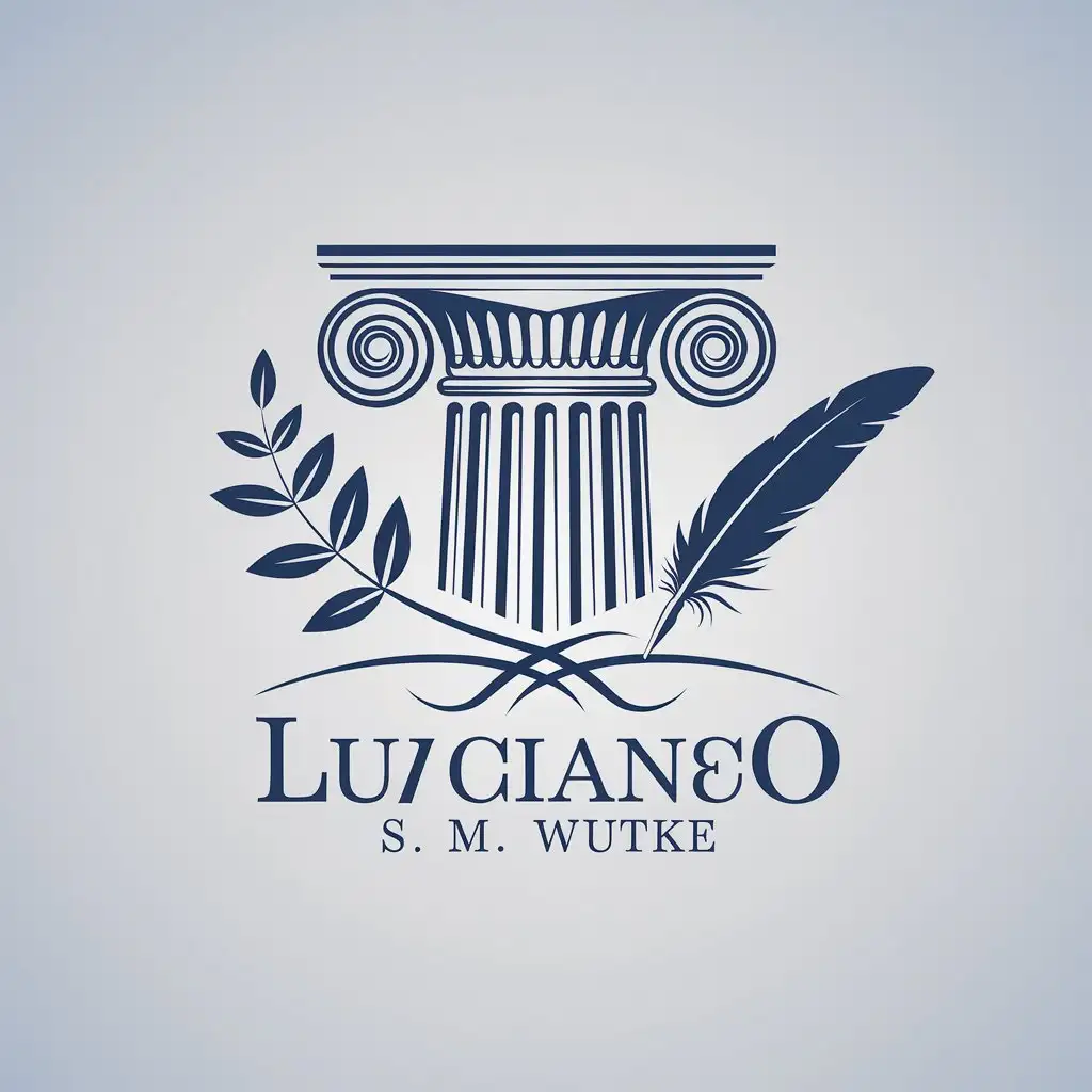 LOGO Design for Luciano S M Wutke Blue Greek Column Writing Feather Acacia Branch and Quill Pen for Legal Industry