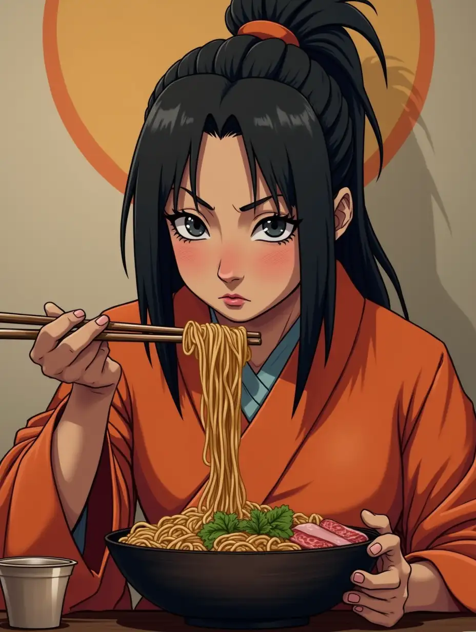 an indian woman in jkimono with edo background is eating ramen with naruto