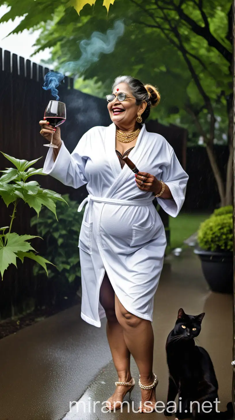 Mature Indian Woman Smoking Cigar in Maple Garden Rain