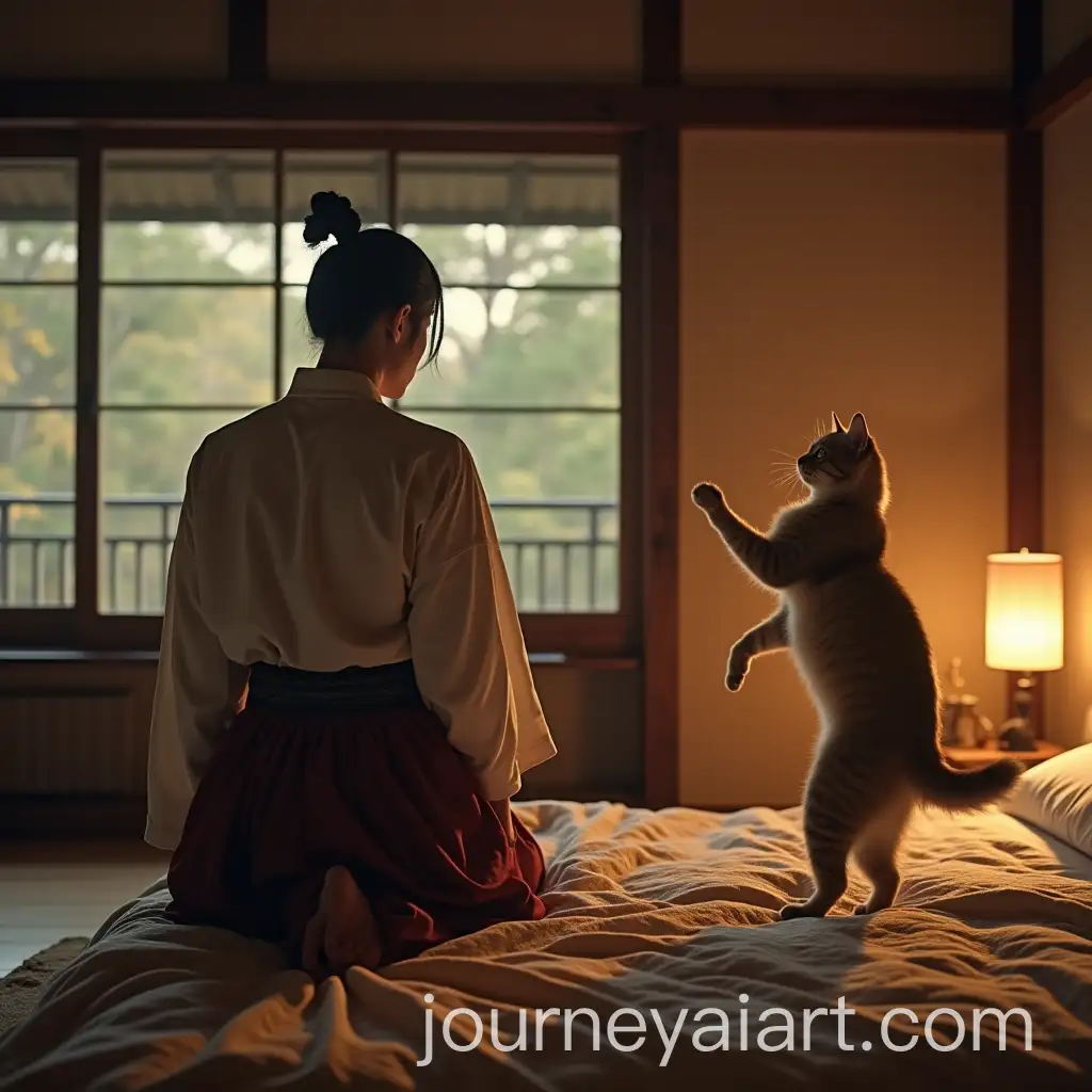 Japanese-Style-Samurai-in-Room-Watching-Cat-Dance-on-Bed