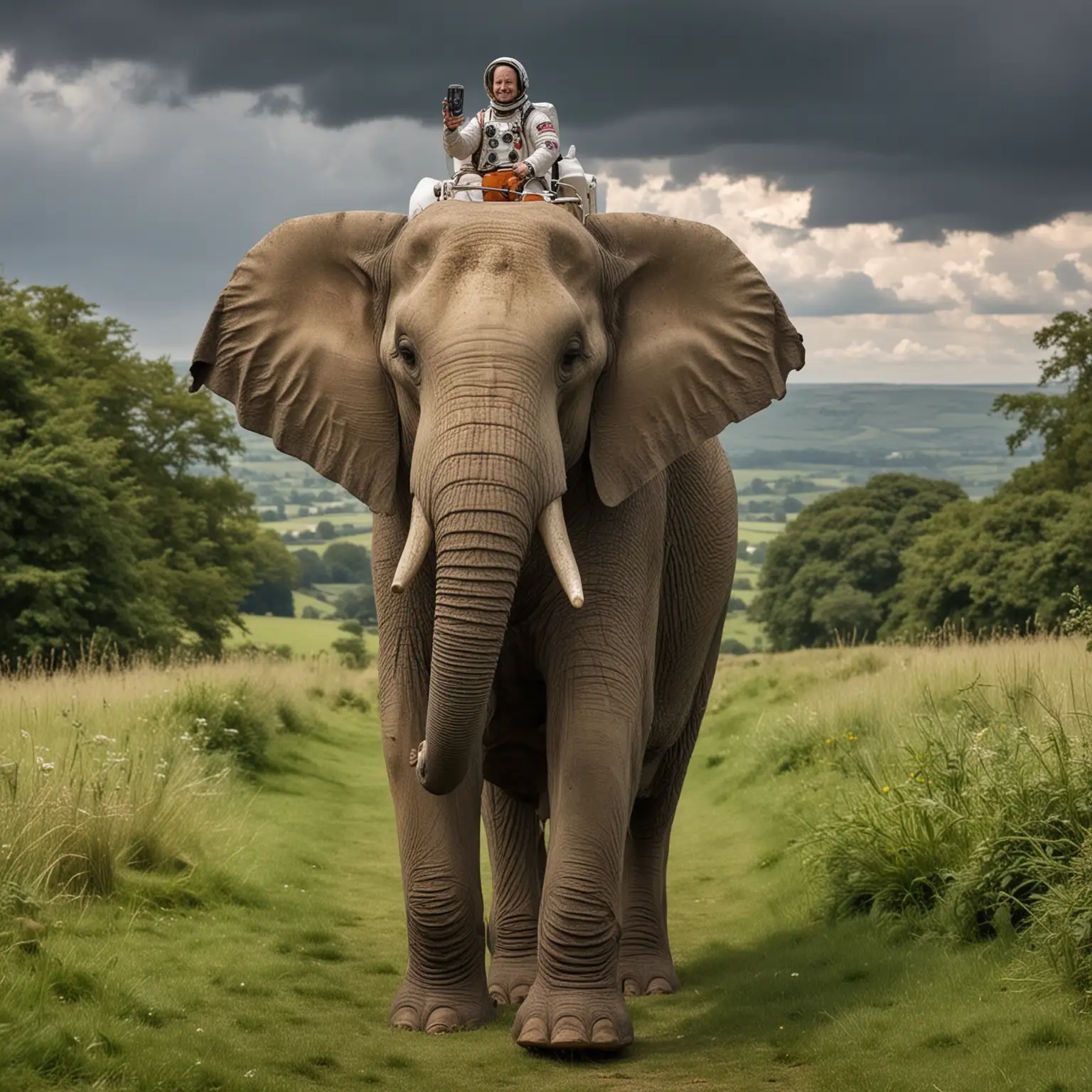 astronaut on an elephant in the cotswolds