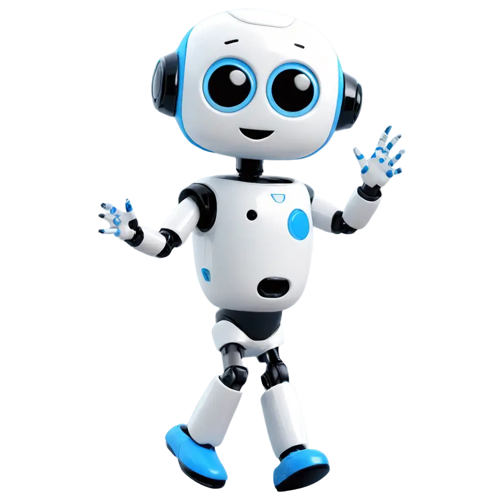 cute small white and blue small chatbot walking and saying hi with his hand with glow blue eyse