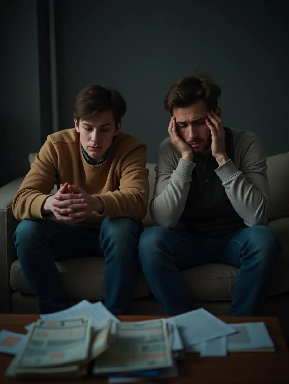 A young couple sitting on a modest sofa in a small room, both looking at the floor with faces of frustration and concern. In the background, you can see bills and disorganized documents on a table, indicating financial problems. The dim light and gray atmosphere reflect a shared feeling of failure and despair.