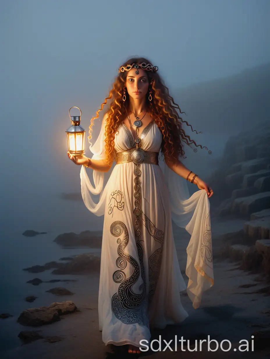 Minoan-Priestess-Walking-Gracefully-by-the-Foggy-Shore-at-Night-with-a-Lantern