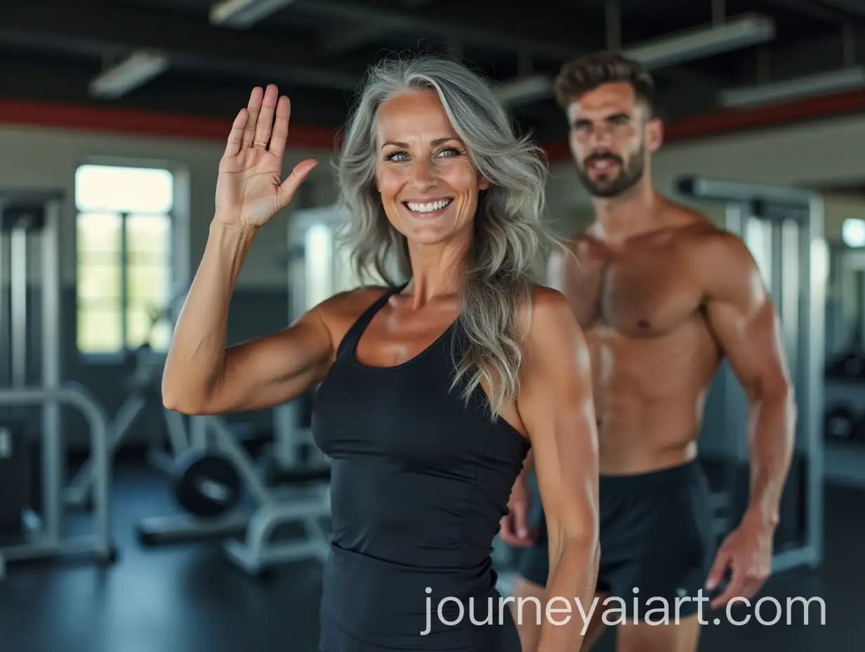 Beautiful-65YearOld-Woman-in-Sporty-Outfit-Waving-in-Fitness-Club-with-Young-Man