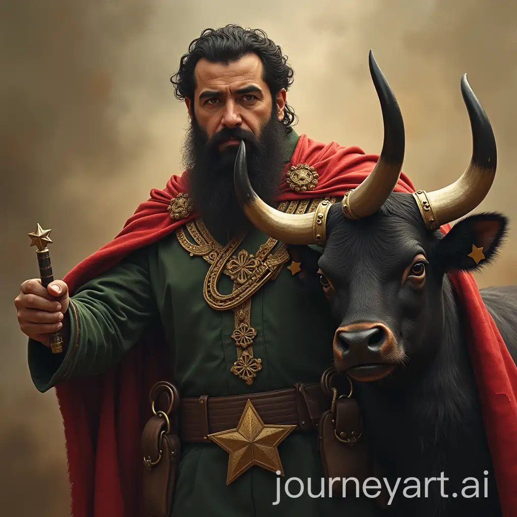 Hezbollah-Leader-Holding-Bulls-Horn-with-Star-of-Israel-Symbol