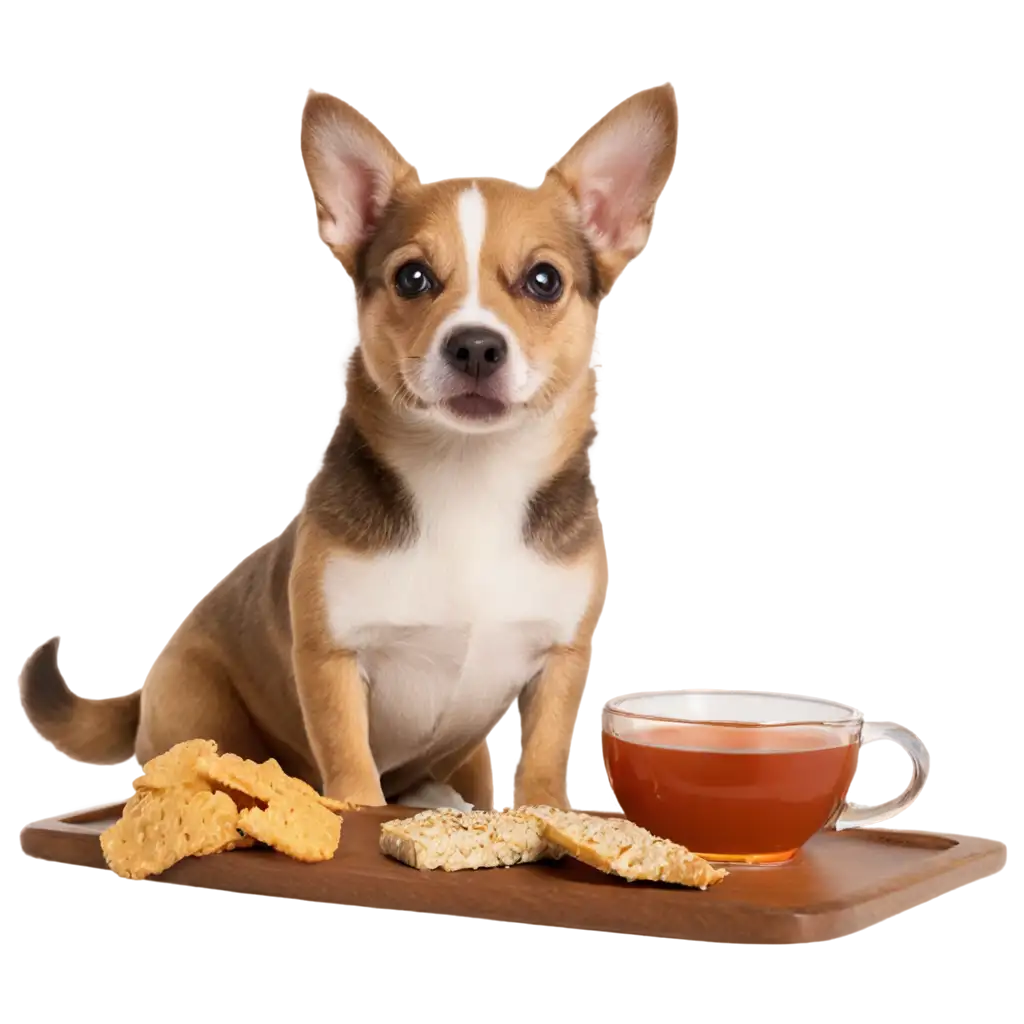 a dog drinking tea with snacks