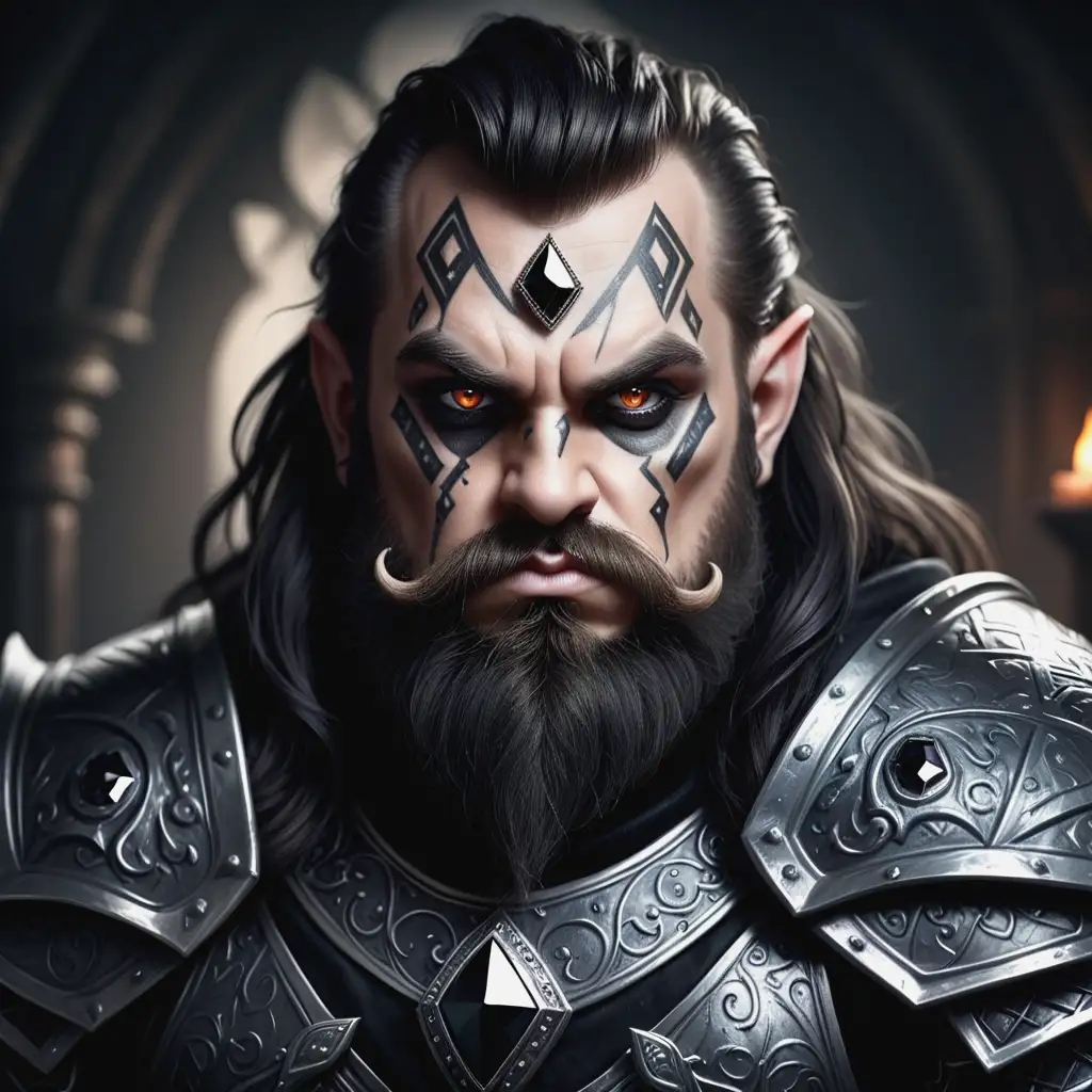 Portrait of a Fierce Dwarf Warlock Male in Black Scale Armor