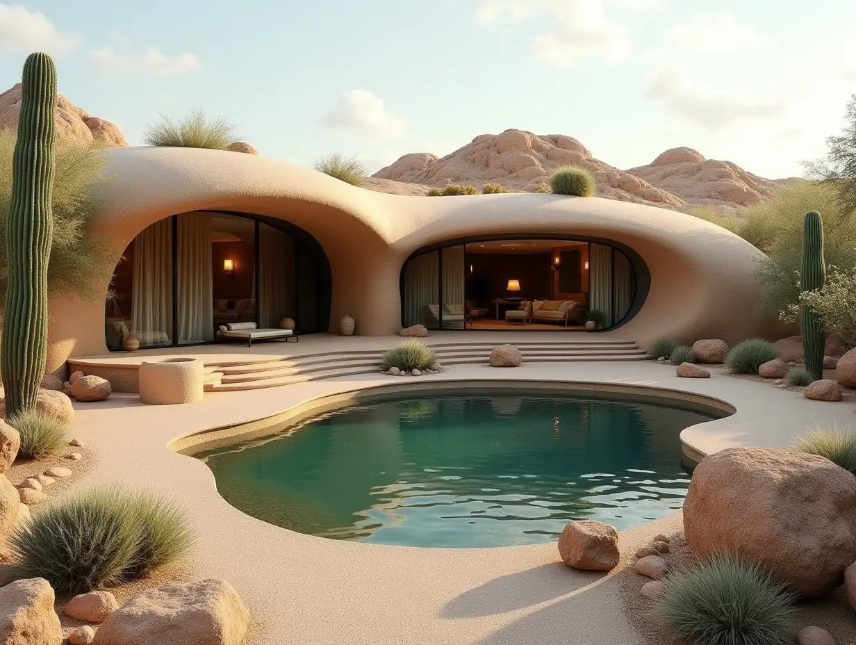 Curvilinear house with pond in the desert in brown-with plaster the roof is overgrown with plants in the form of plant ornaments, large windows with glass to, curved, smooth window forms, winding big entrance step cacti, rocks complex curved roof