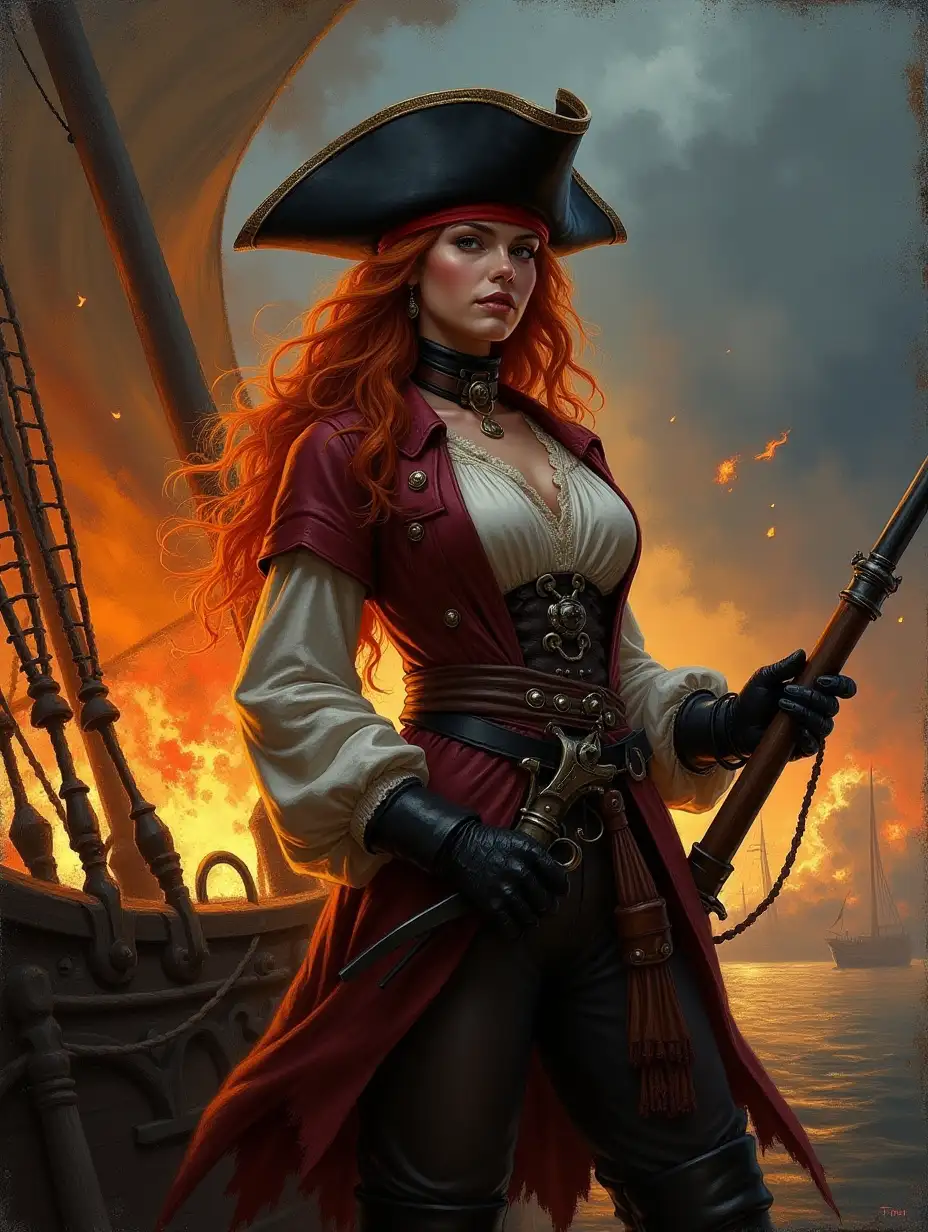 oil painting, rough, textural, broad brush strokes, (best quality, ultra-detailed:1.3), (nice hands, perfect hands), official art, cinematic light, (1girl:1.3), adulthot girl, portrait of a stunning redhead pirate woman, tricorne hat, bandana, holding flintlock musket, standing on deck of burning ship, 