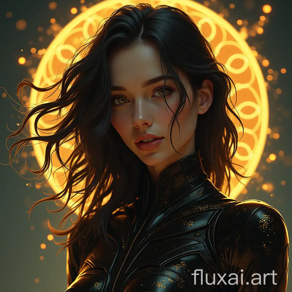 beautiful woman, shoulder length messy hair, black an gold catsuit, happy, hyper detailed painting, concept art, fractal isometrics details bioluminescence, 3d render, octane render, intricately detailed, cinematic, hyper realistic cover photo awesome full color, hand drawn