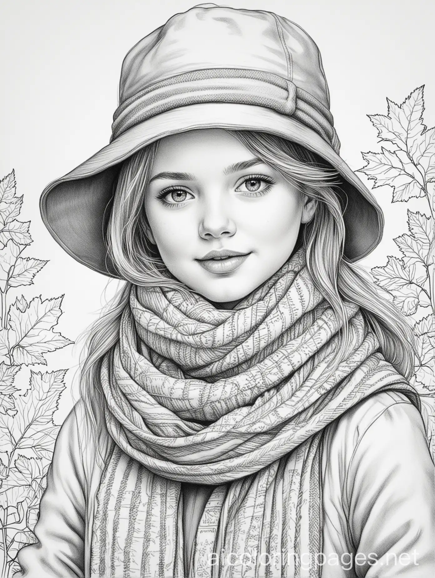 Simple-Fall-Scene-Coloring-Page-for-Kids-Featuring-a-Girl-in-Hat-and-Scarf