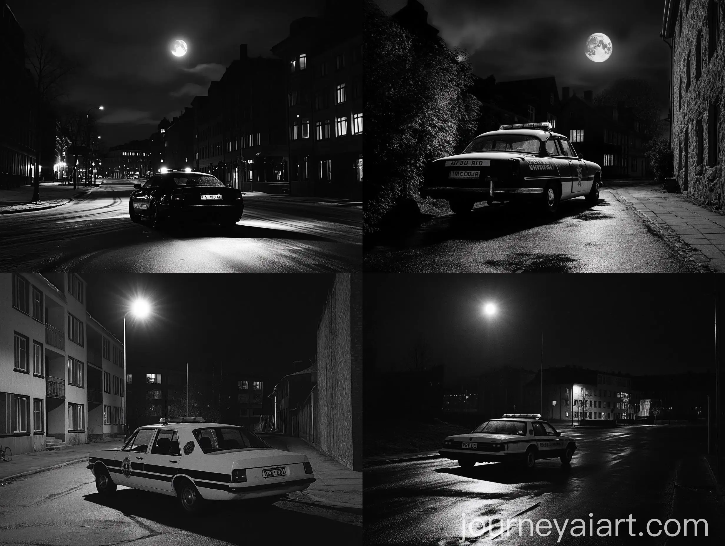 Swedish-Police-Car-Parked-on-Empty-Night-Streets-Under-Moonlight