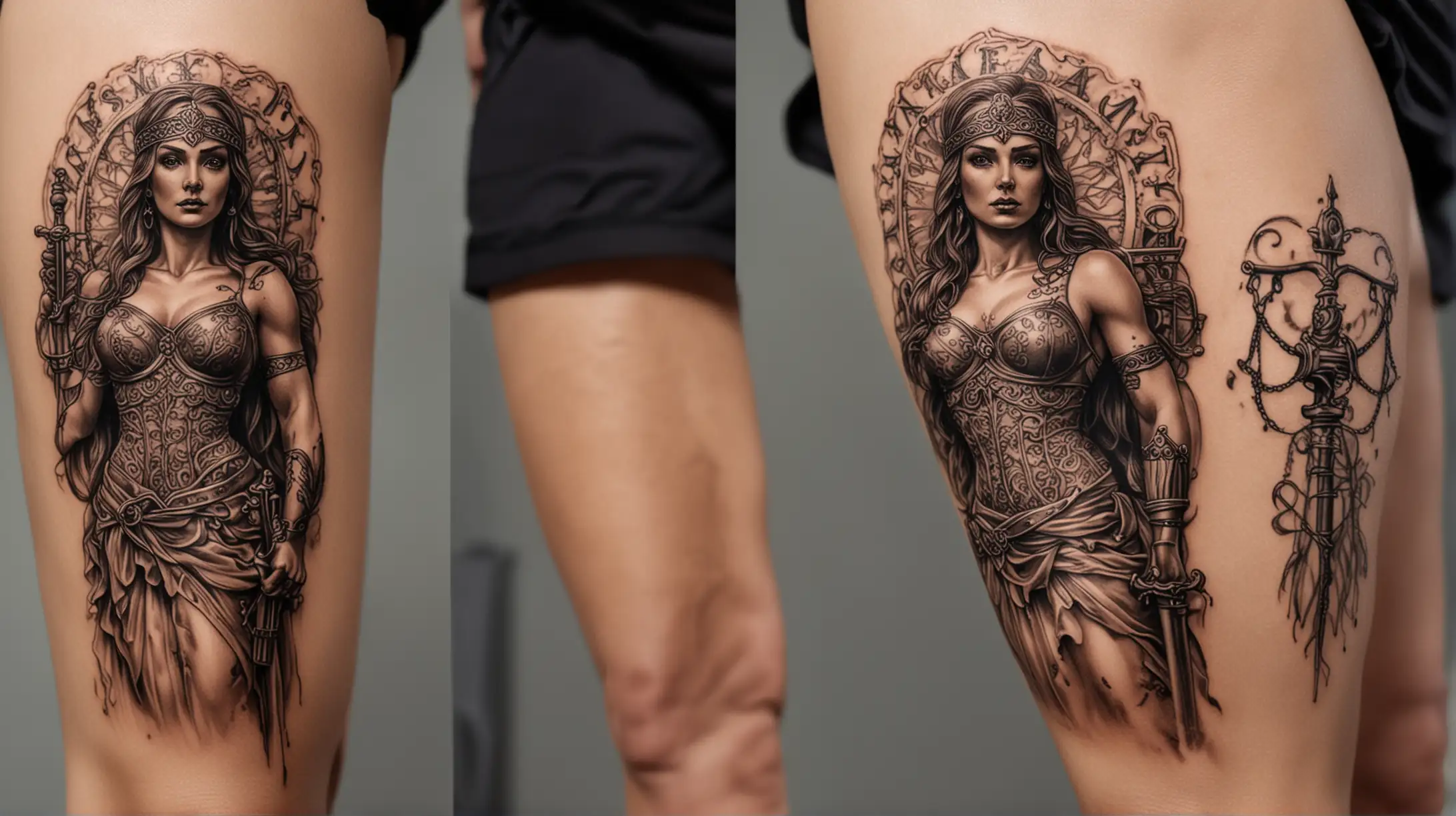 Detailed Mrs Justitia Tattoo on Calf Symbol of Justice in 4K Clarity