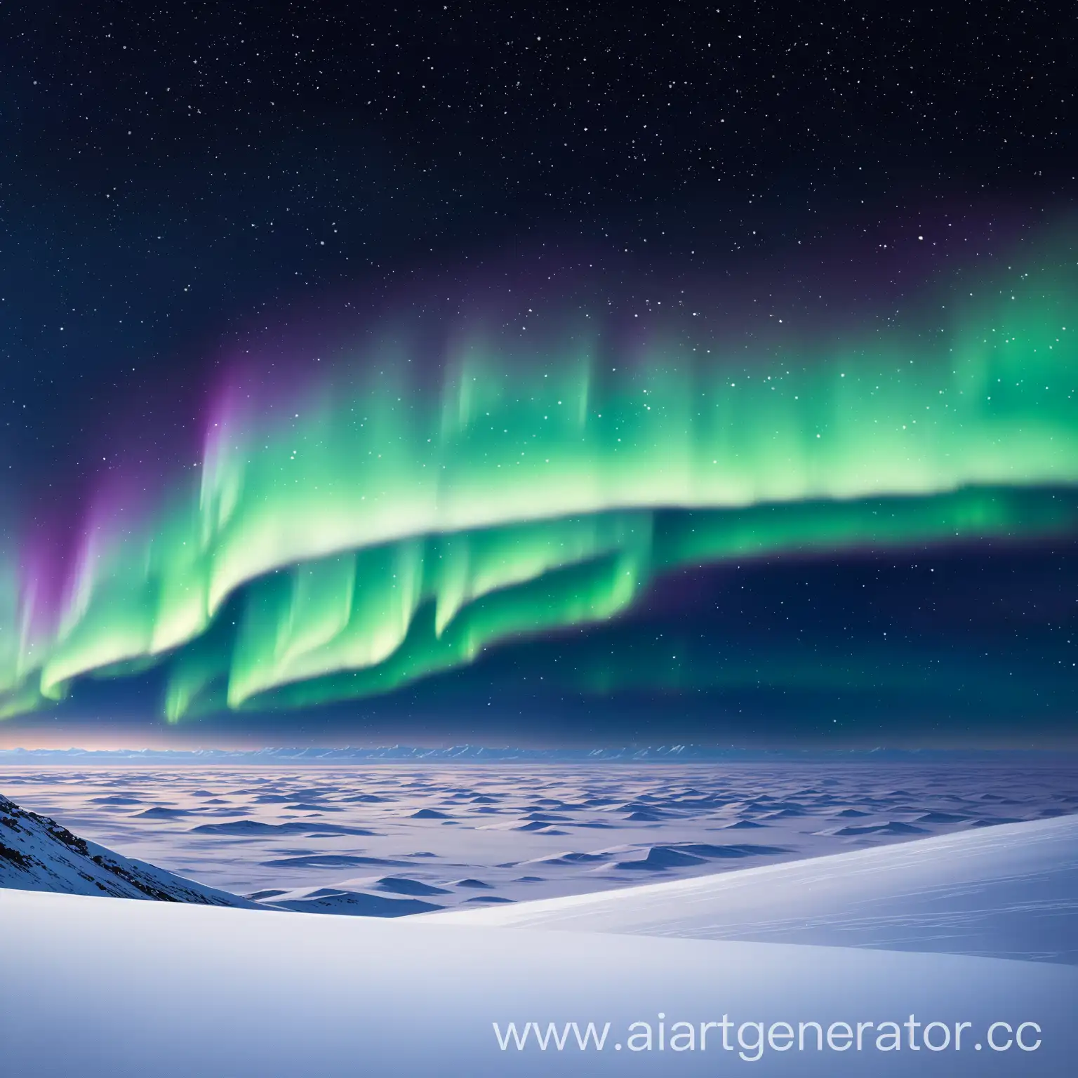 Snowy-Desert-Horizon-with-Starry-Night-Sky-and-Green-Aurora