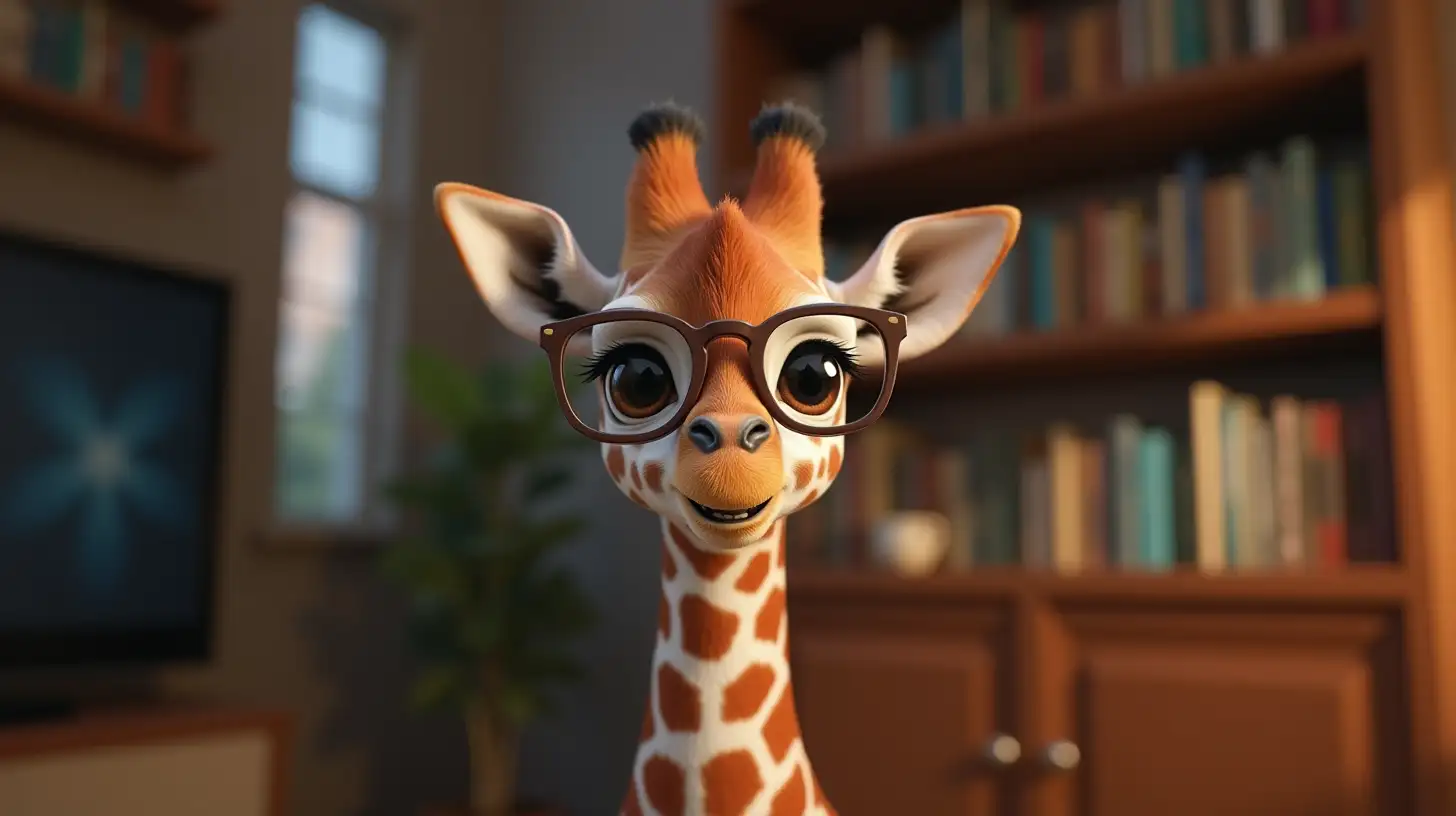 Cute Baby Giraffe Wearing Glasses in a Whimsical TV Show Scene