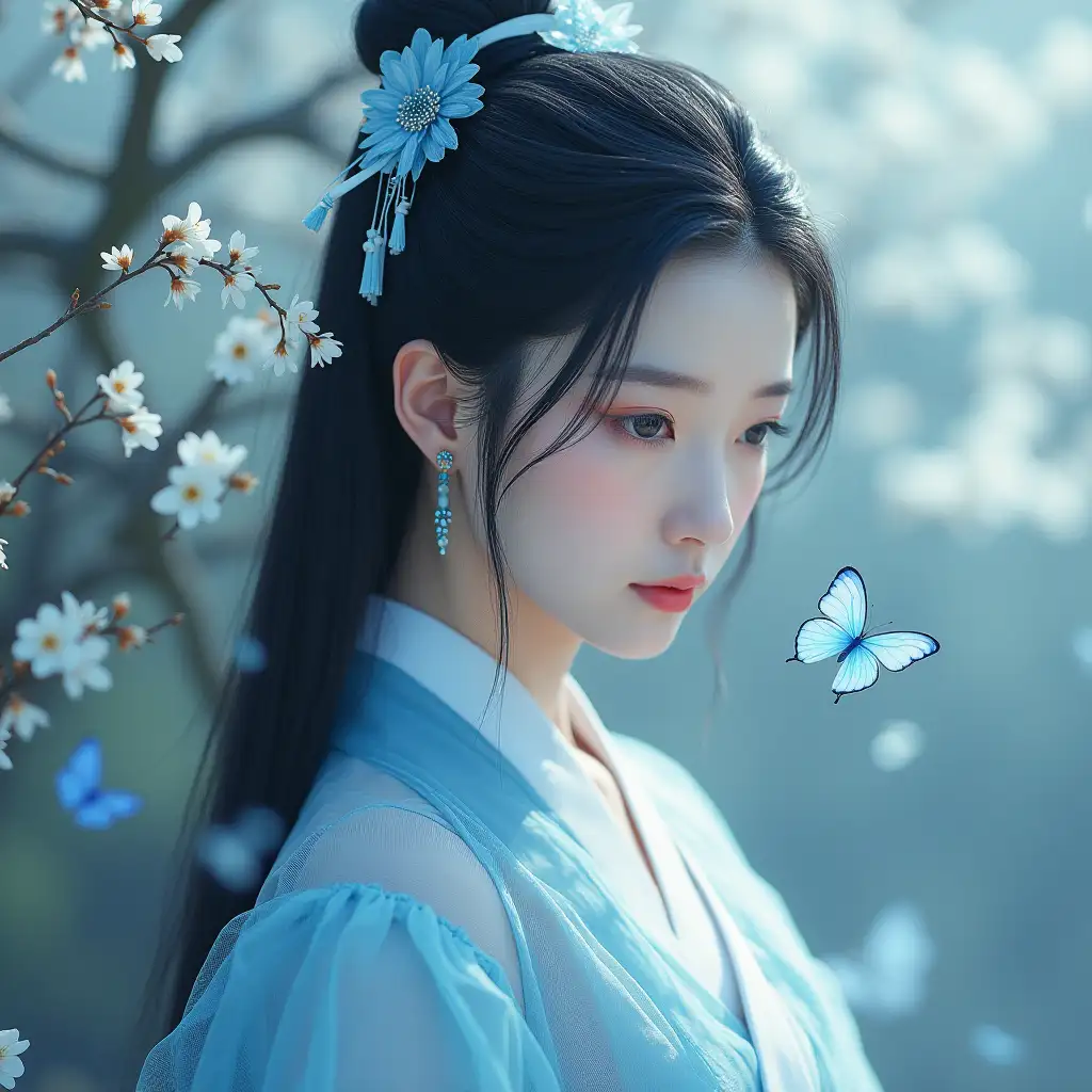 (Fidelity: 1.4), Best Quality, Masterpiece, Ultra High Resolution, Poster, Fantasy Art, Very Detailed Faces, 8k resolution, Chinese Style, A woman, Side Face, Quiet, Light Blue Hanfu, Tulle Coat, Long Black Hair, Light Blue Fringed Hair Ornament, Hairpin, White Ribbon, White Flower Bush, Light Blue Butterfly Flying, cinematic lighting effects