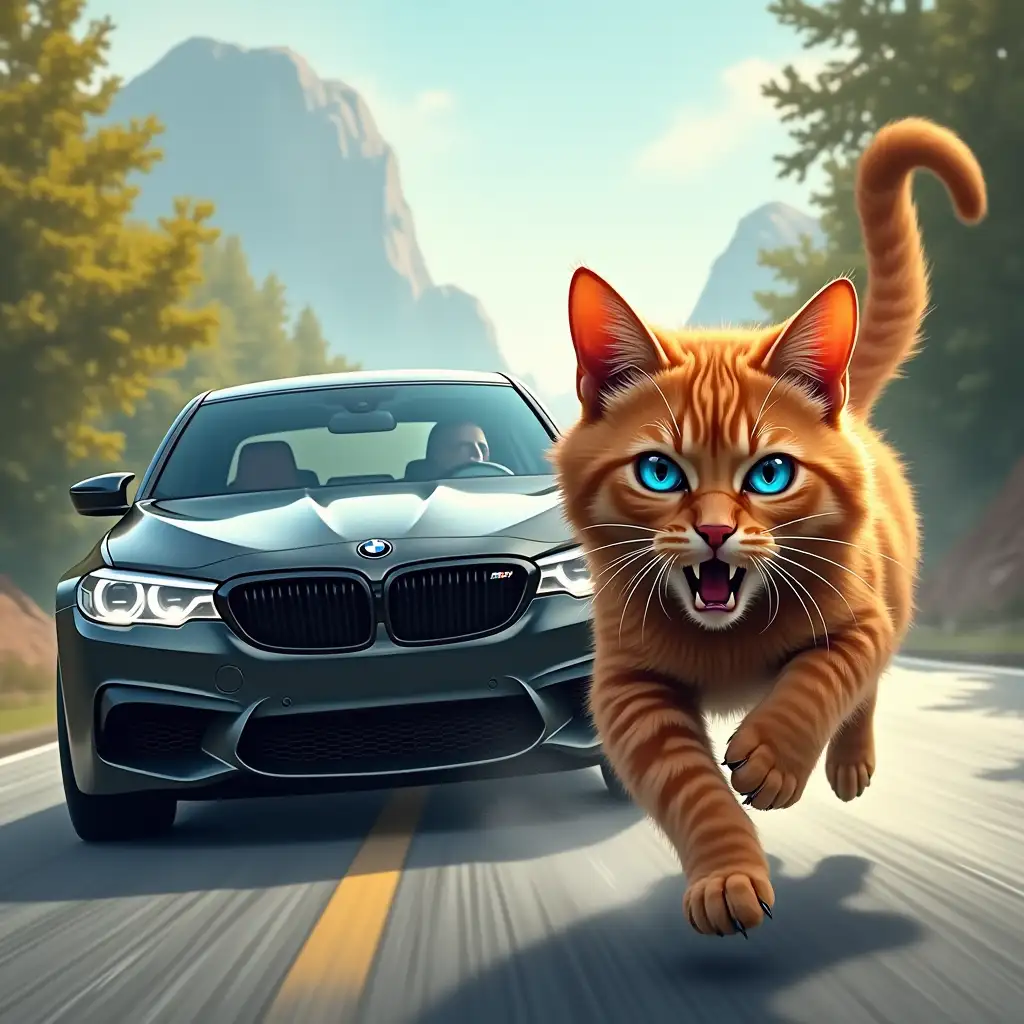 tinted glasses, black BMW M5 chasing a shaggy ginger cat, who is running in fear along the road, with blue eyes, comic