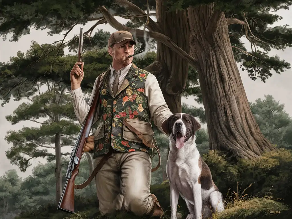 Hunter-in-Floral-Dress-with-Rifle-and-Dog-Under-Tree