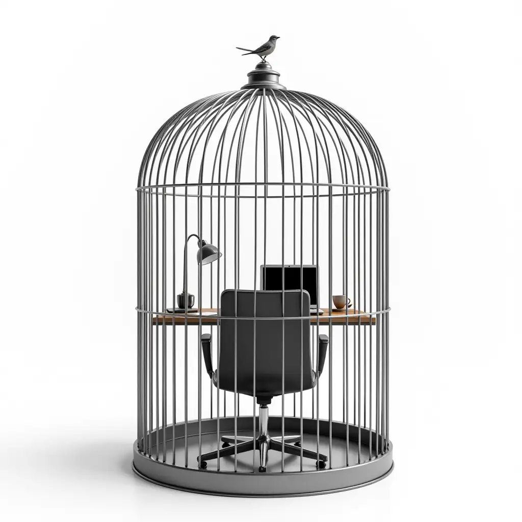 Create a hyper-realistic and satirical image of a large metallic birdcage, but instead of a bird, the cage contains a fully set-up office workspace. Inside the cage, there is a sleek modern laptop placed on a small desk, along with office essentials like a coffee cup, a notepad, and a desk lamp. A chair is positioned in front of the laptop, emphasizing the idea of entrapment within corporate life. The metallic bars of the cage are thick and sturdy, reinforcing the visual metaphor of confinement. The background is plain white, keeping the focus on the surreal yet thought-provoking concept.