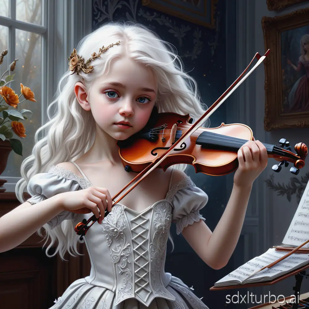 a painting of a young girl playing a violin, by Marie Angel, fantasy art, highly detailed 3 d art, white beautiful hair, intricate detail and composition, mobile wallpaper, perfect coloring, fairycore, beautiful detailed miniature, exquisite rendering, beautiful artist rendering, beautiful composition, wonderful compositions, magical composition, beautiful wallpaper, gorgeous composition, awesome greate composition