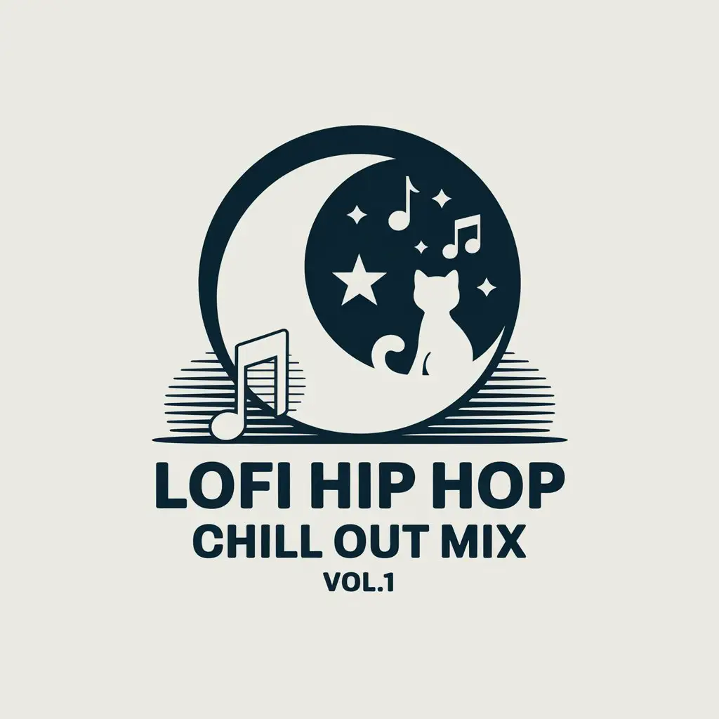 LOGO Design for Lofi Hip Hop Chill Out Mix Vol1 Moon Cat Stars Musical Notes in Monochrome Navy Blue and White