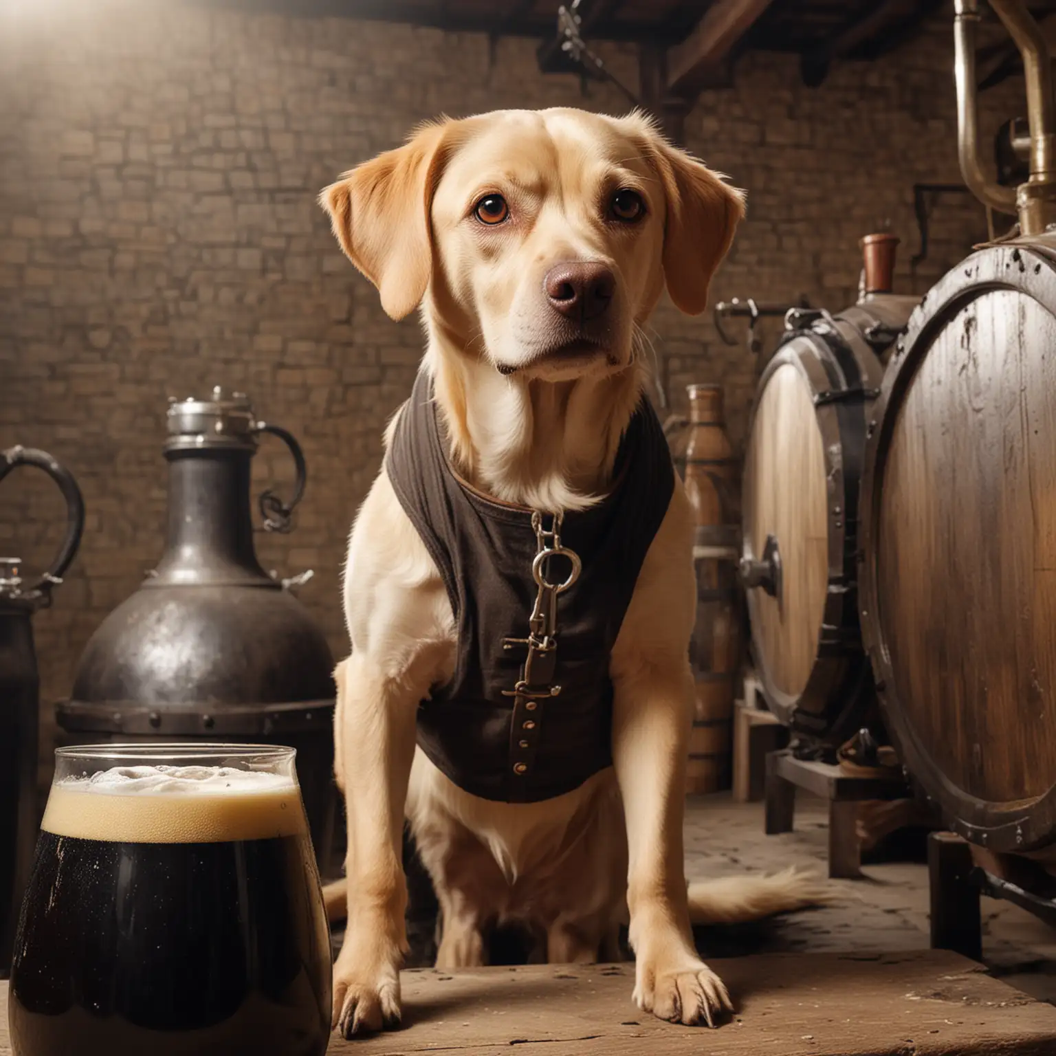 Medieval Brewery Scene with Yellow ShortHaired Dog Brewing Dark Beer