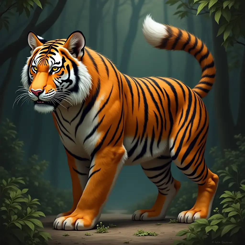 Imagine a majestic creature that combines the features of a tiger and a fox. This hybrid animal has the muscular build and stripes of a tiger, but with the sleek, agile body of a fox. Its face is a blend of both animals, with the pointed ears and bushy tail of a fox, yet the powerful jaws and intense eyes of a tiger. The creature's fur is a mix of orange, black, and white, with distinct tiger stripes flowing into the softer fur patterns of a fox. It stands in a dynamic pose, showing both strength and cunning, in a dense forest setting.