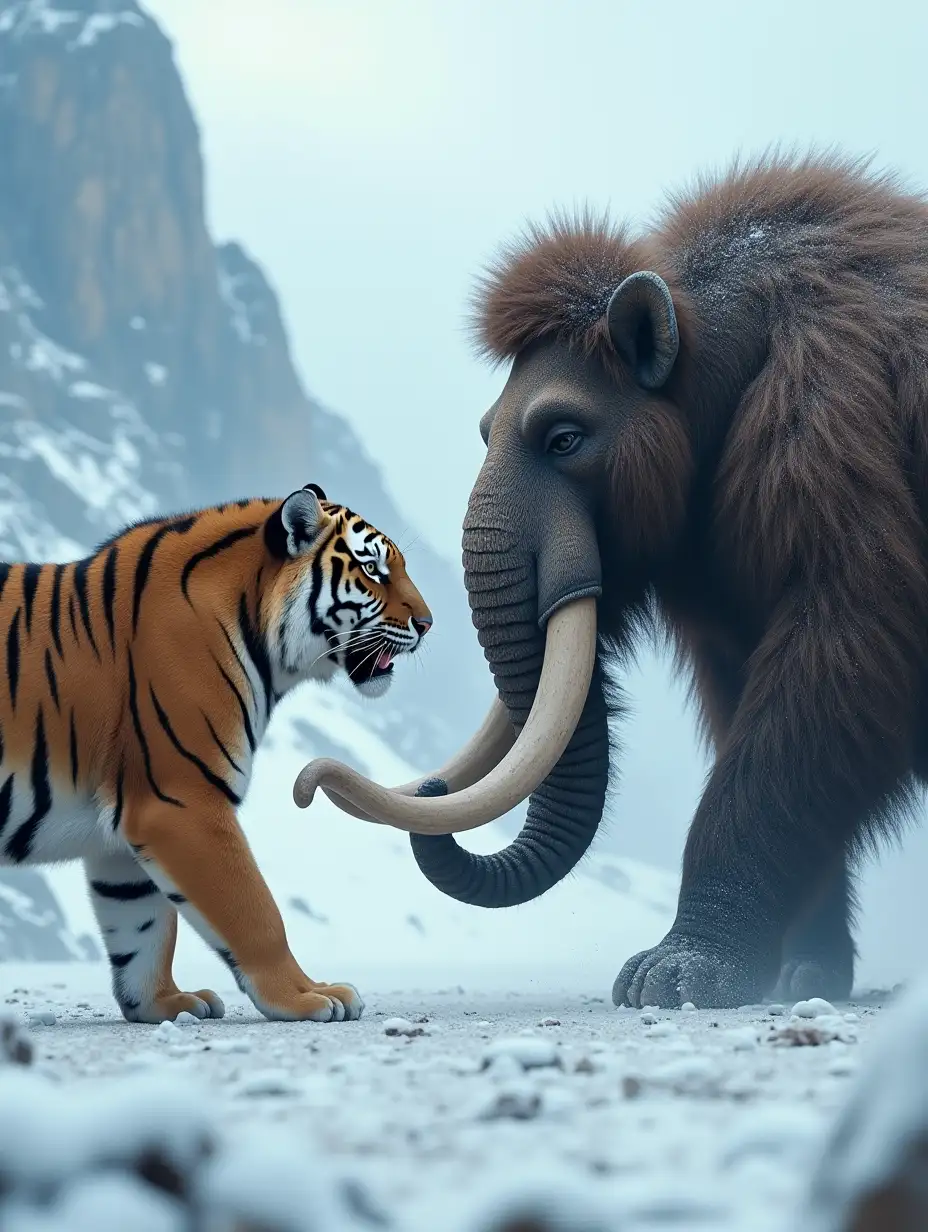 Create a dramatic sequence where a powerful tiger and a massive woolly mammoth face each other in a snowy mountain landscape, their intense gazes locked.