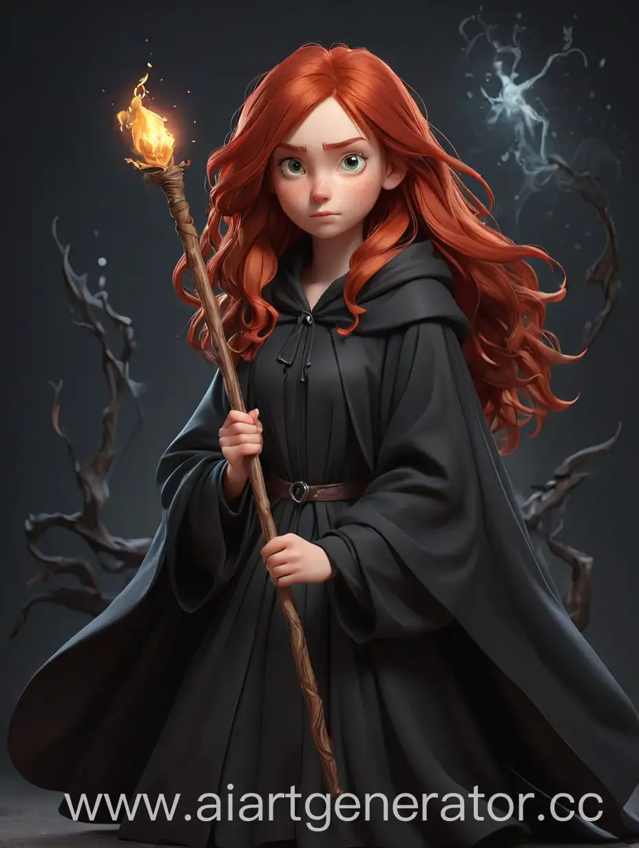 RedHaired-Witch-in-Black-Cloak-with-Magic-Wand-3D-Illustration