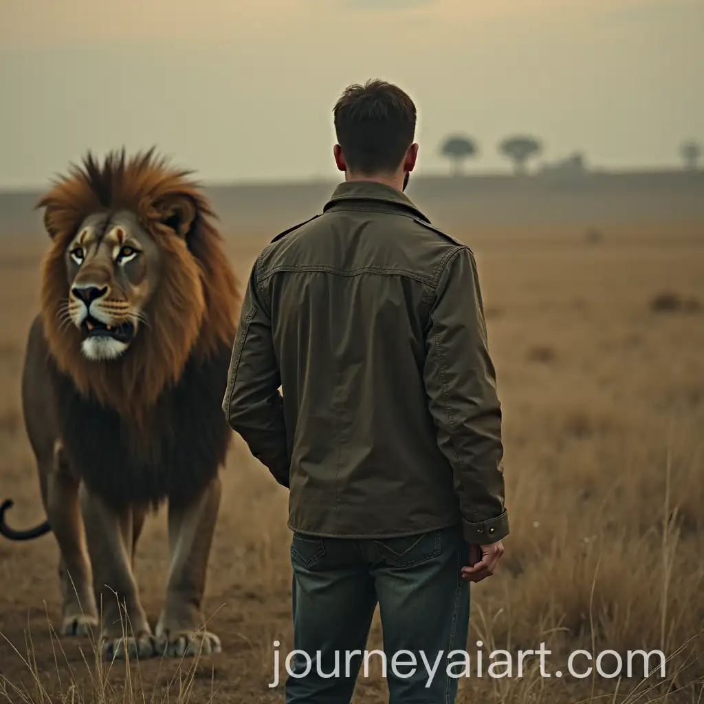 Man-Standing-in-Front-of-a-Majestic-Lion