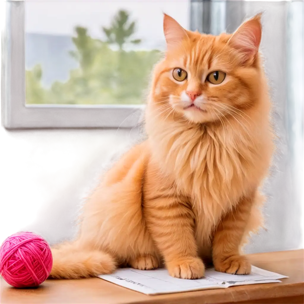 PNG-Image-Usage-AnalysisSmiling-Yellow-Furry-Cat-on-a-Table-with-Wool-Ball-PNG-Image-for-Clear-HighQuality-Visuals