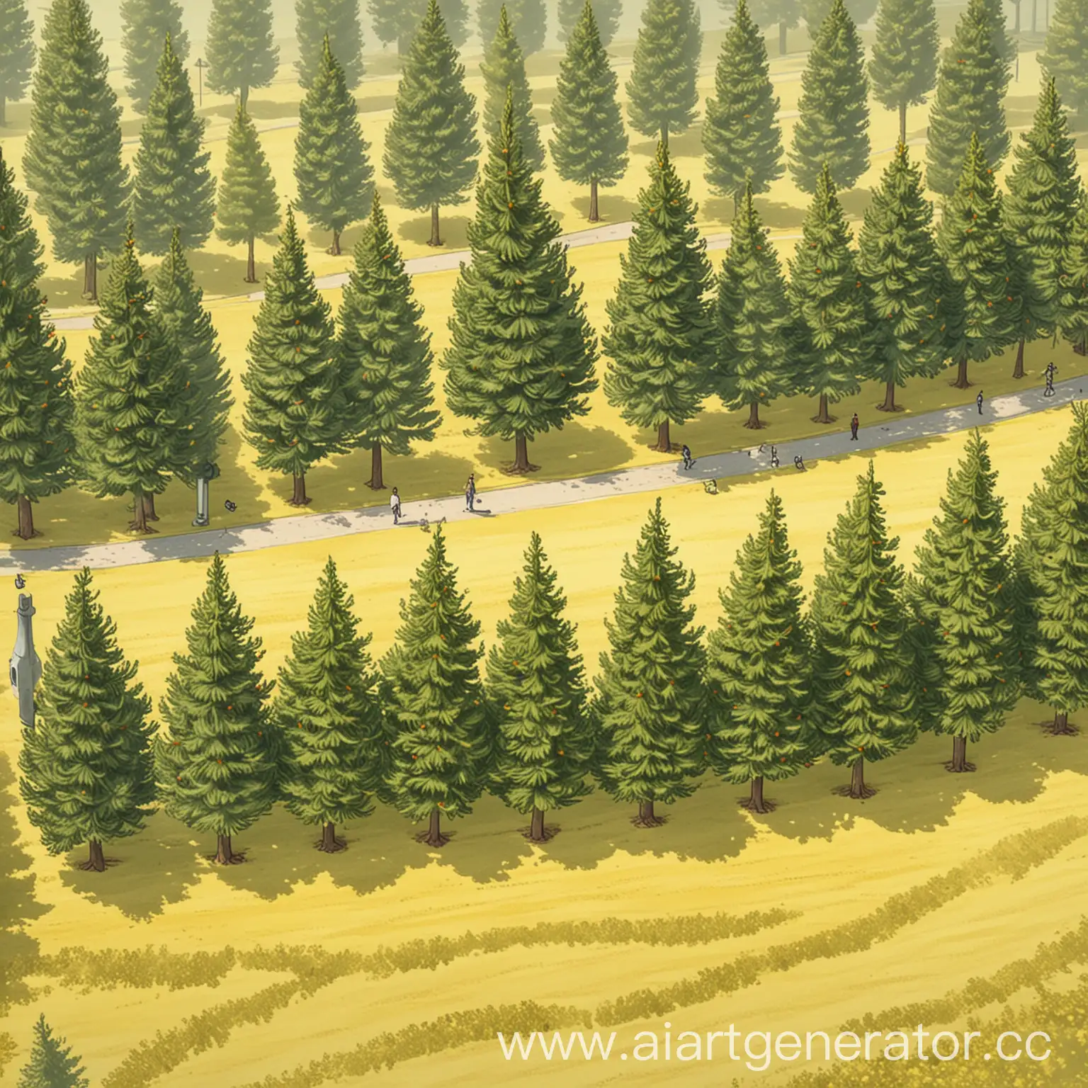 Animated-Cartoon-Style-Fir-Tree-Park-with-Morning-Walkers