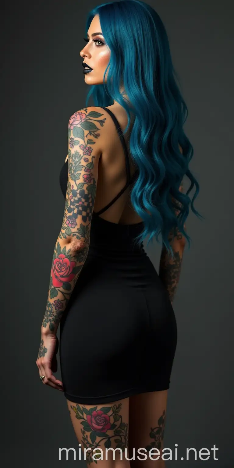 Stylish Woman with Blue Hair and Tattoos in Cocktail Dress