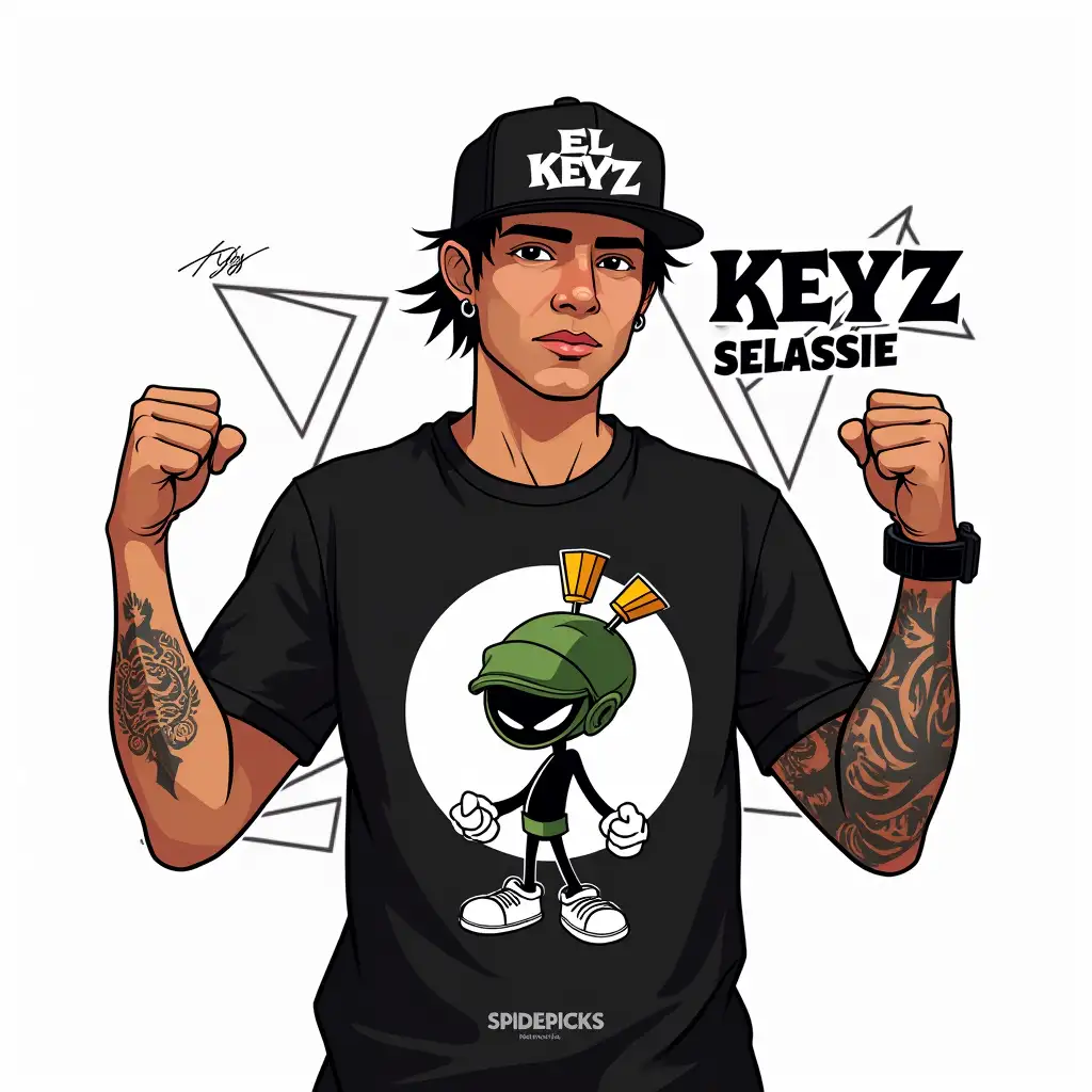 Create a high-quality vector-style digital illustration of a young Indonesian man in a bold pose with clenched fists raised near his chest, as if he's showing intense energy. He should be wearing a black t-shirt with a large, stylized illustration of a Marvin the Martian in white on the front, designed in an aggressive, tribal or metal-inspired art style. His expression should be calm, warmly and full of attitude. He is also wearing a black snapback cap with graffiti-style white text on it (can say “EL KEYZ” or a similar phrase), slightly tilted. The man should have visible tattoos on both arms and be wearing a smartwatch on one wrist. He has earrings, and his hairstyle is short with a bit of fringe showing from under the cap. Place the character inside of a white background with a minimal, angular triangle design framing his torso, giving the illustration a modern graphic poster vibe. In the upper right corner, include bold black text: KEYZ SELASSIE, Use a strong, modern sans-serif font. In the lower left corner, subtly credit the artist with a custom signature like “SPIDERICKS”-style branding. The overall style should be clean, sharp, cartoon-meets-comic-book aesthetic with bold linework and minimal shading, capturing an energetic, rebellious personality.